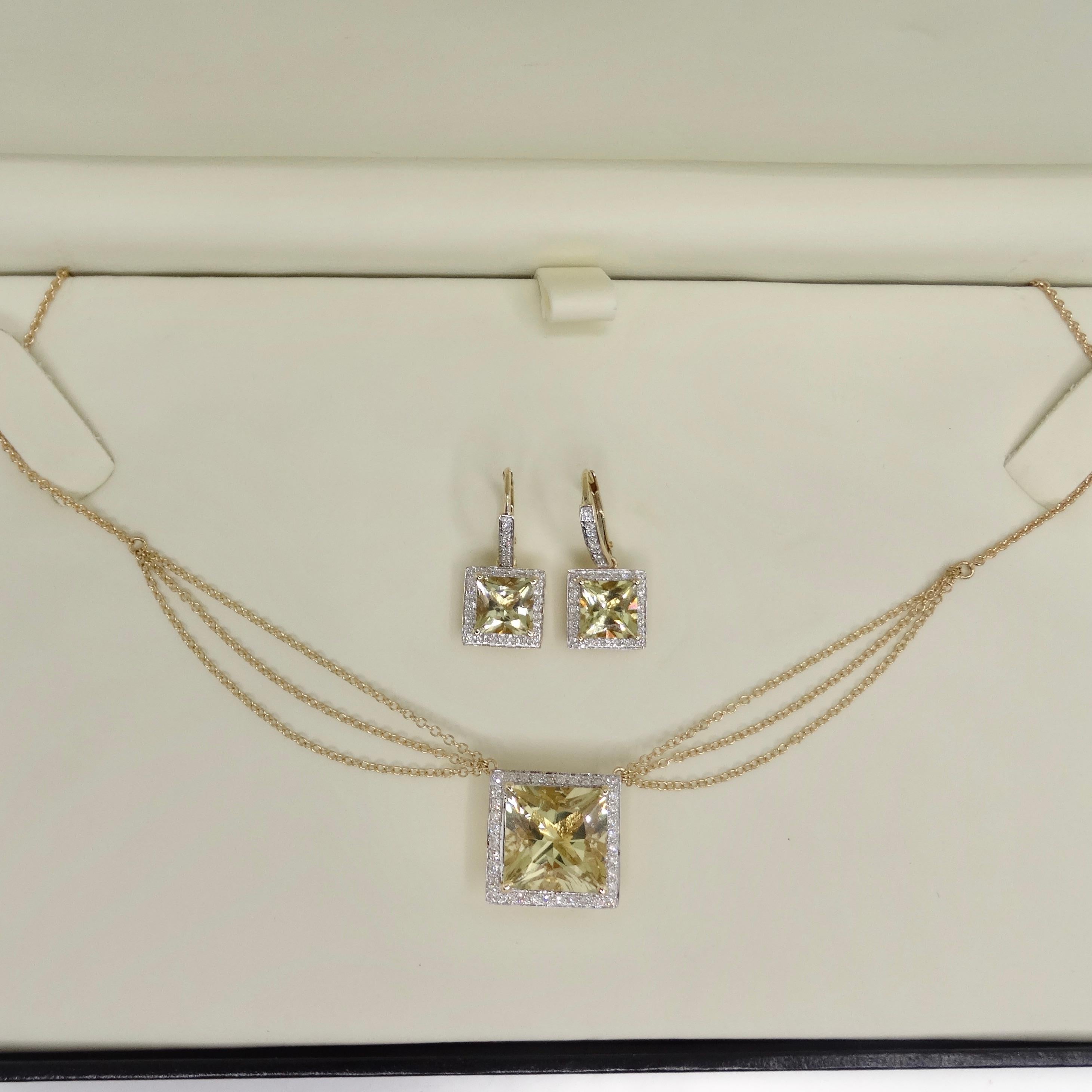 14K Gold Citrine Diamond Necklace and Earrings Set In Excellent Condition For Sale In Scottsdale, AZ
