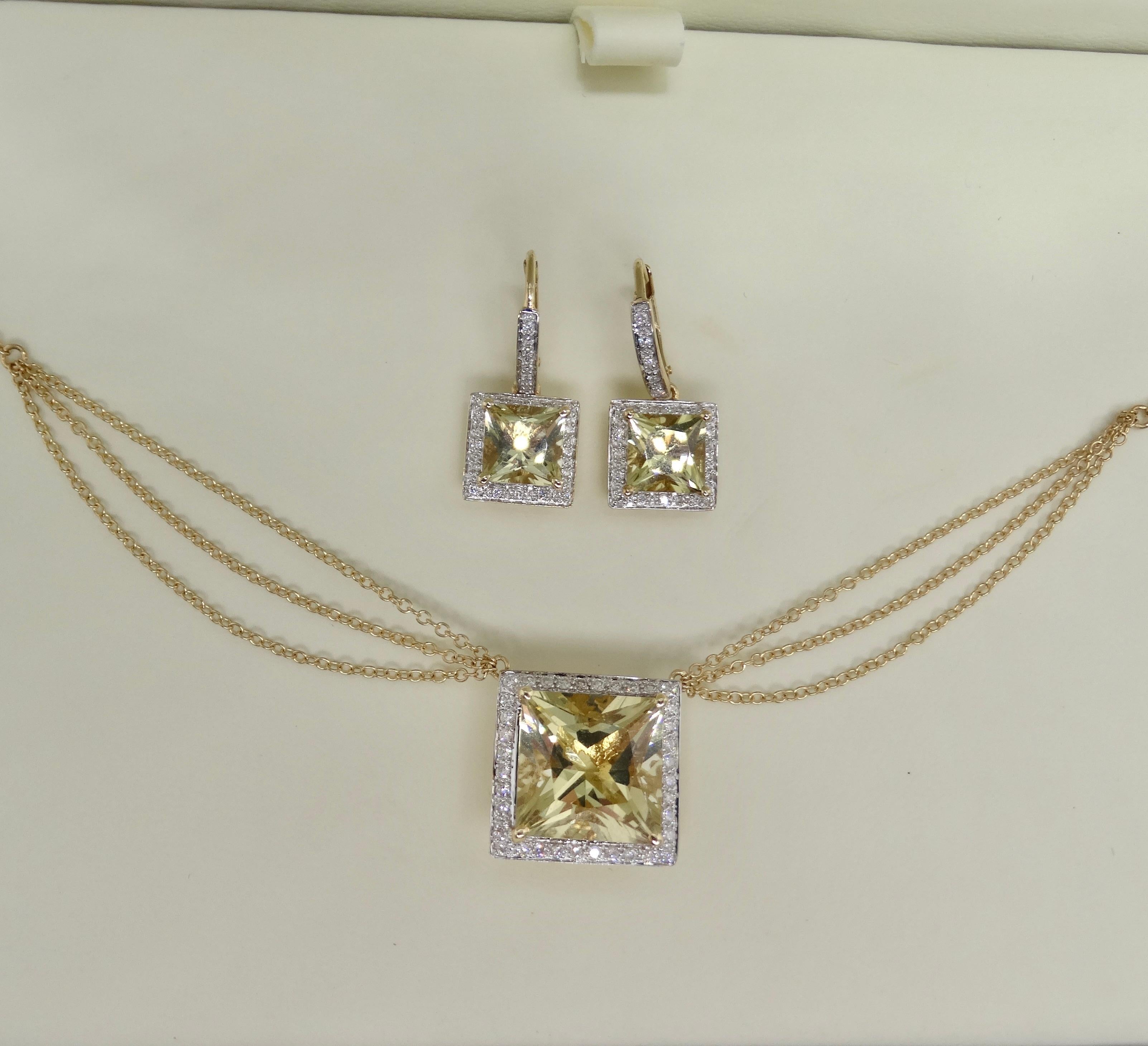 Women's or Men's 14K Gold Citrine Diamond Necklace and Earrings Set For Sale