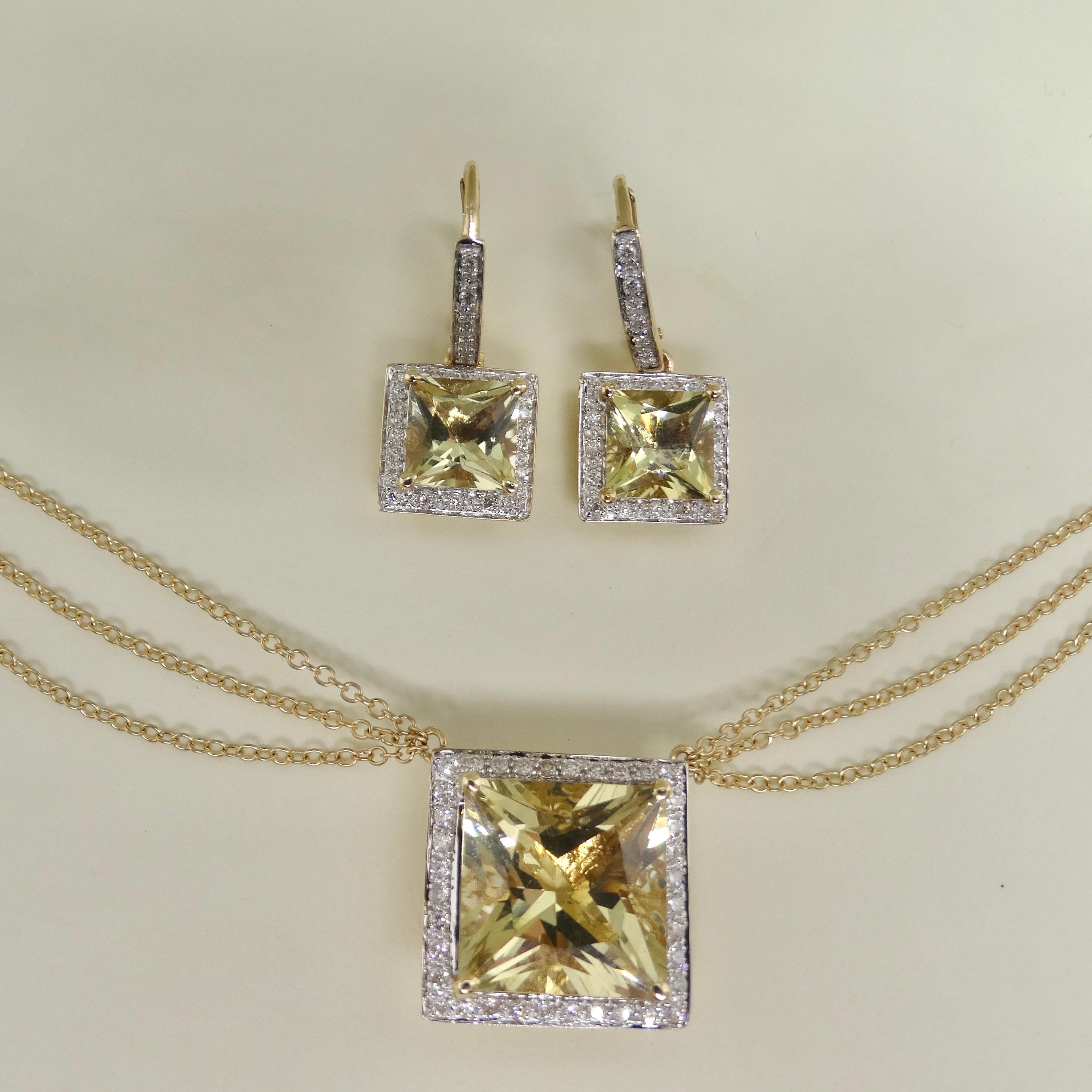 14K Gold Citrine Diamond Necklace and Earrings Set For Sale 1