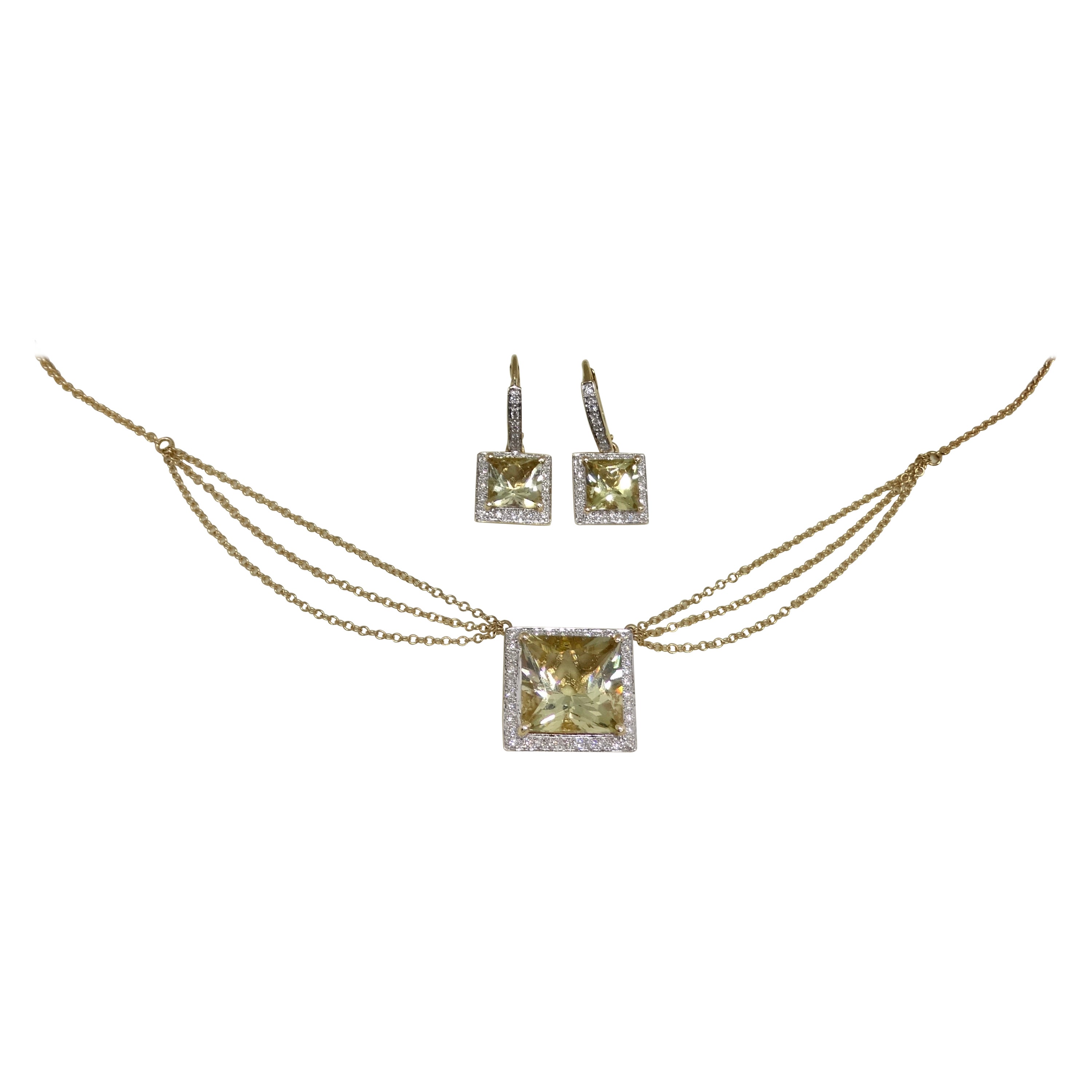 Conjunto de collar y pendientes de diamantes citrinos en oro de 14 quilates
