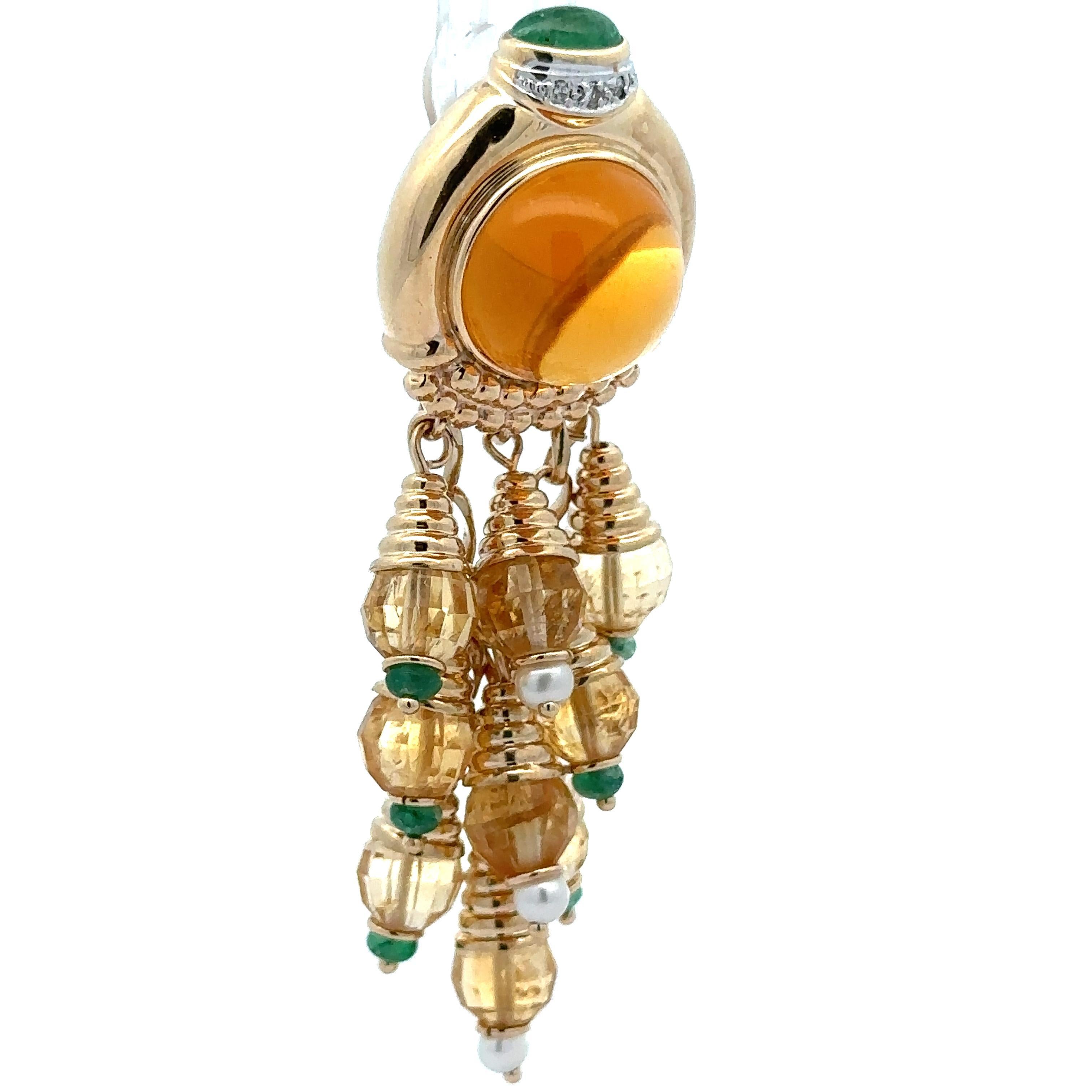 Colgante de oro de 14 quilates con citrino, esmeralda, diamante y perla con borla grande y larga en Bueno estado para la venta en Montclair, NJ