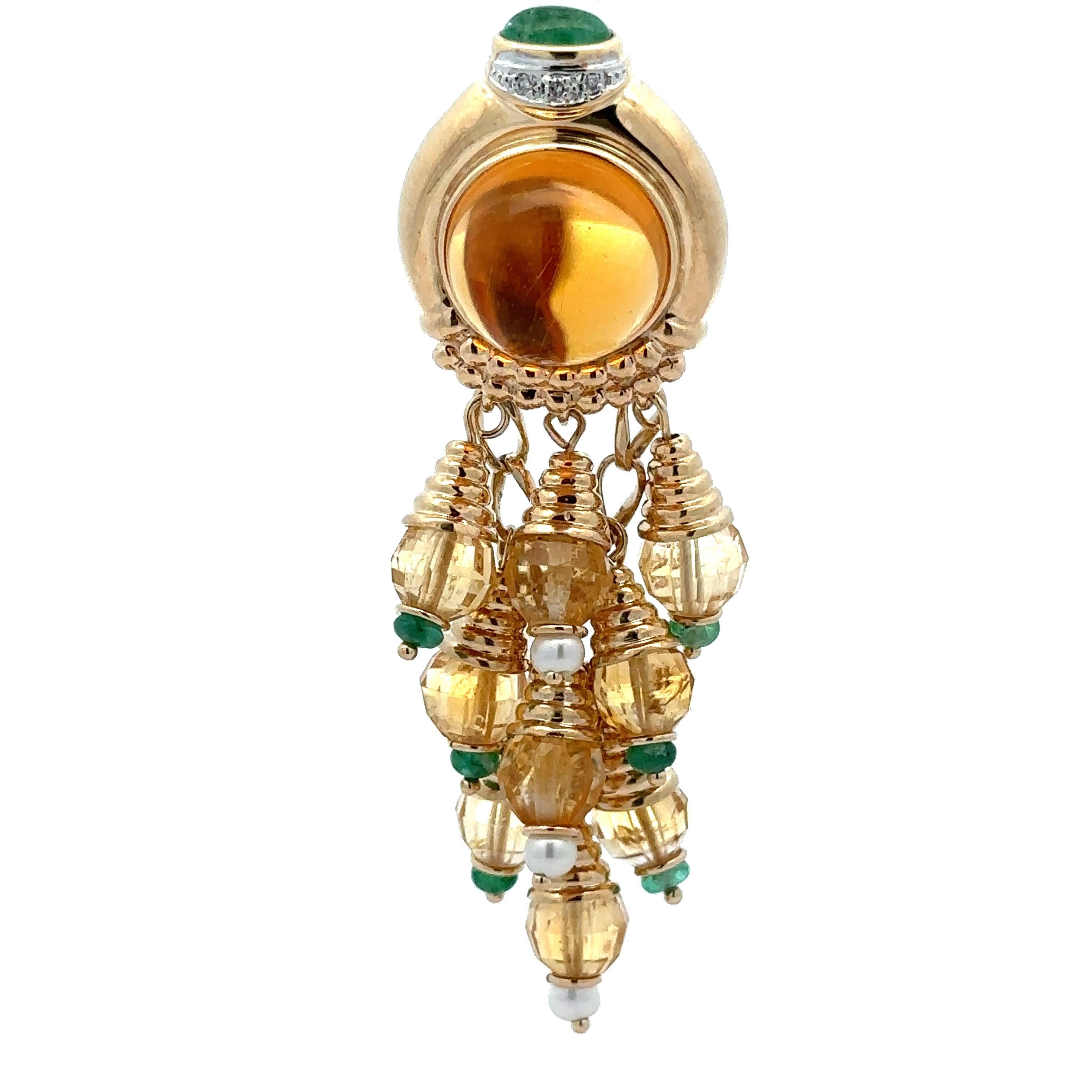 Colgante de oro de 14 quilates con citrino, esmeralda, diamante y perla con borla grande y larga en venta 1