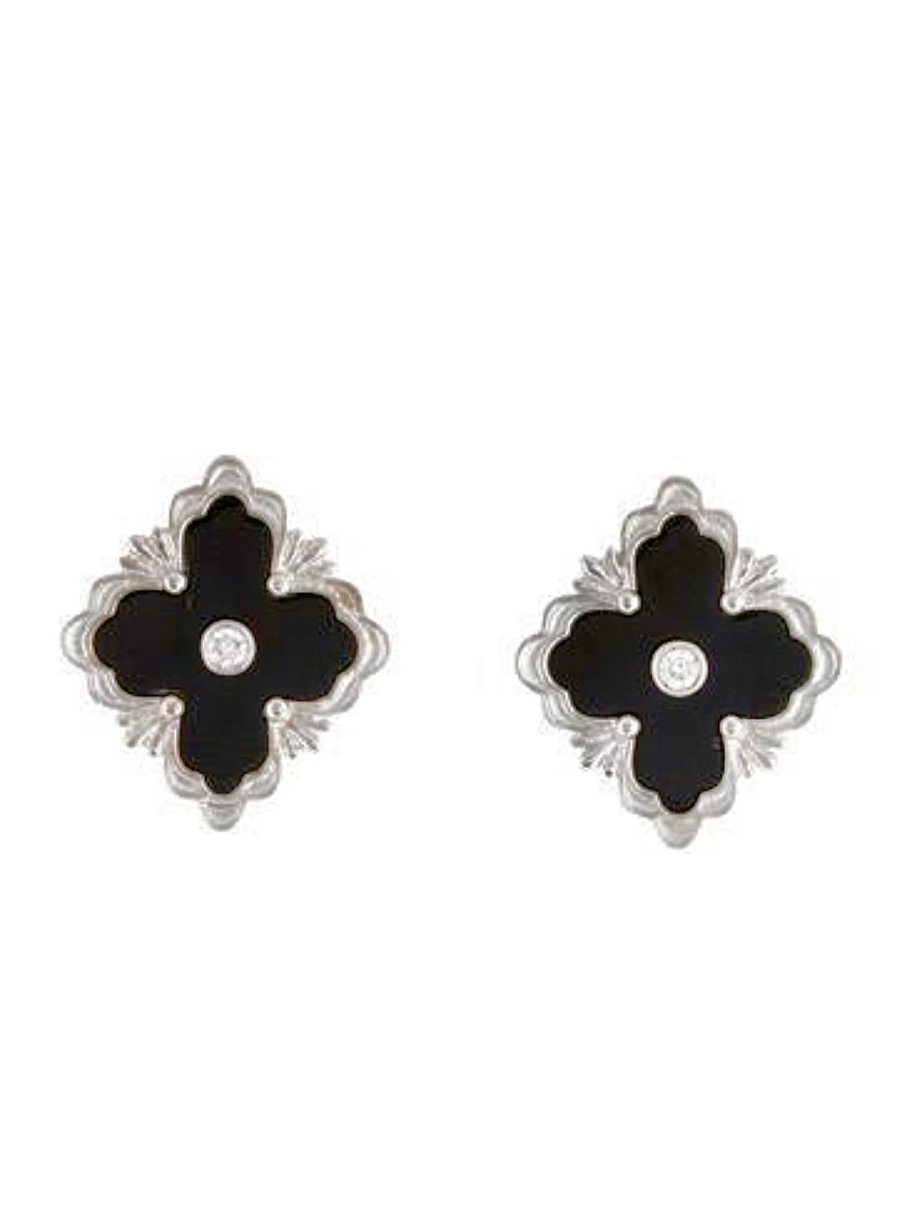 Round Cut 14k gold classic Floral silhouettes .07 Diamond drop earring with black onyx  For Sale