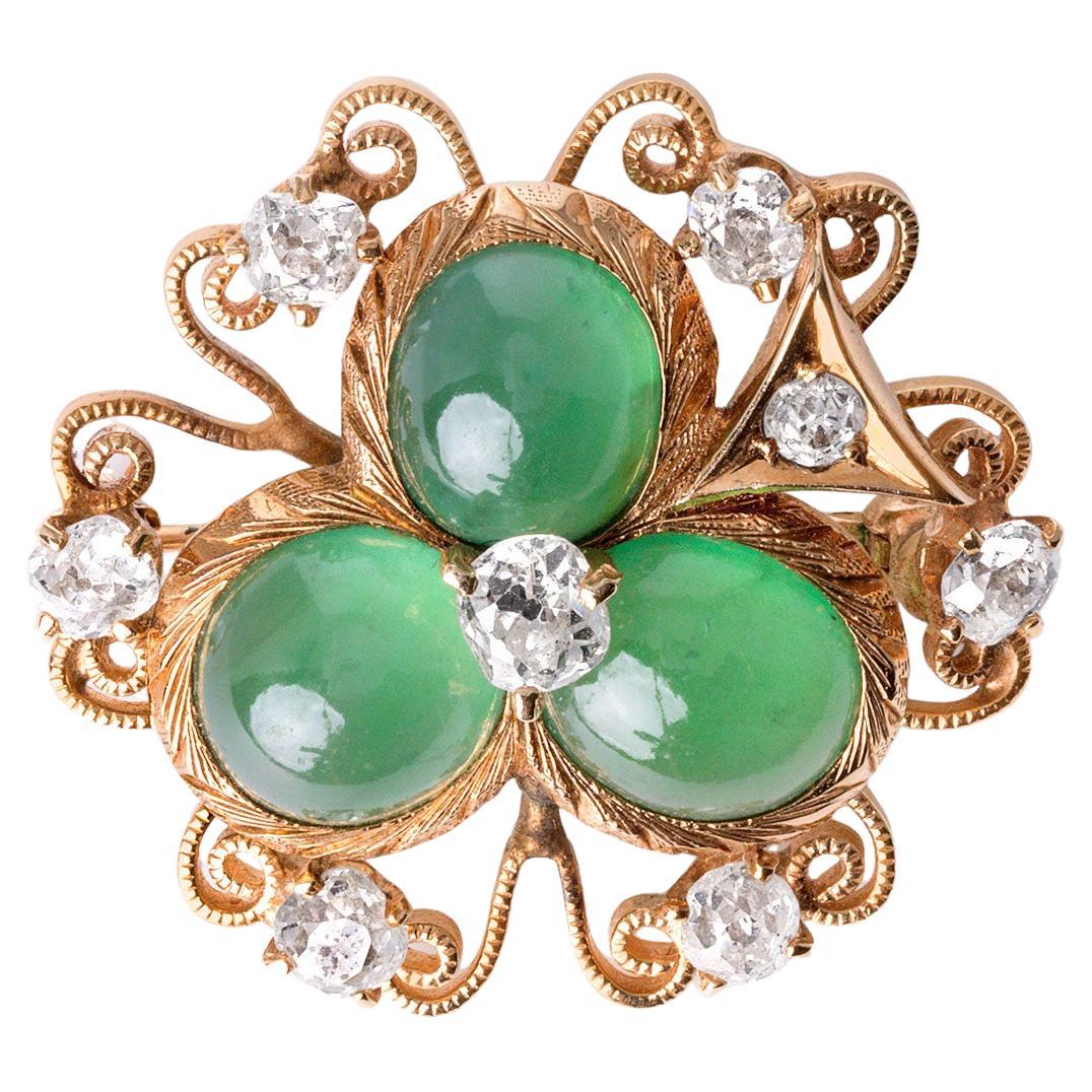 Broche trèfle en or 14K - 1.50ct Diamonds Mine Ancienne & Cabochon de Quartz Vert