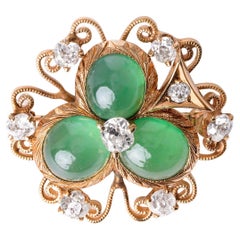 Vintage 14K Gold Clover Brooch – 1.50ct Old Mine Diamonds & Green Quartz Cabochon