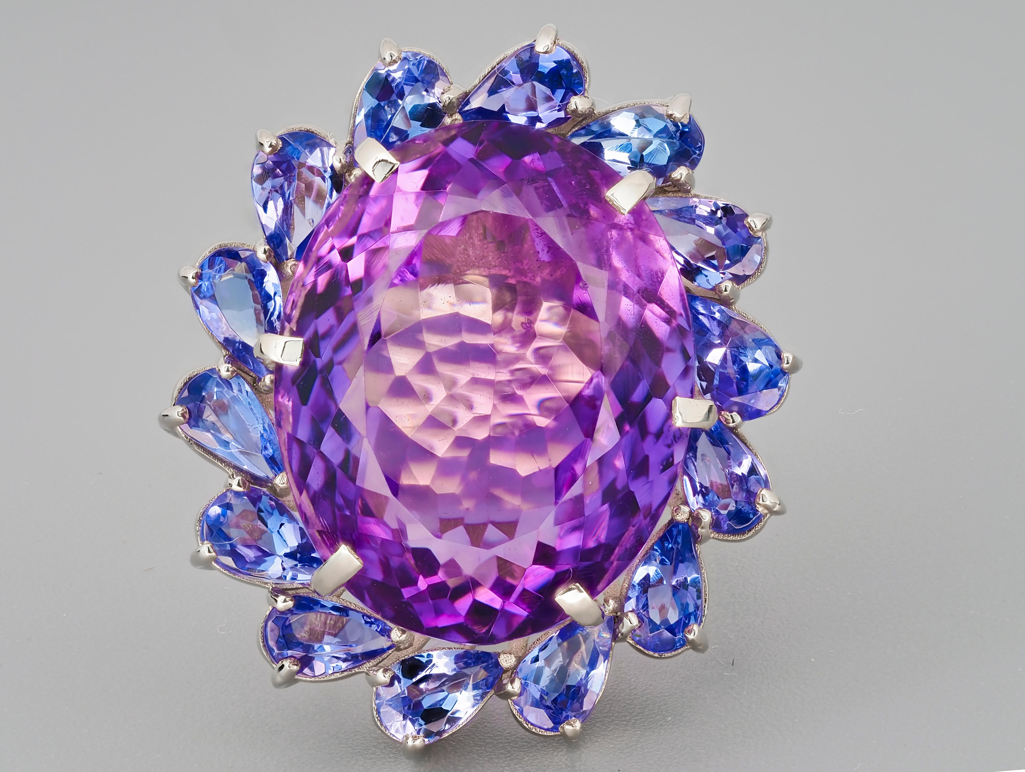 14k Gold Cocktail Ring with Amethyst, Tanzanites and Diamonds 3