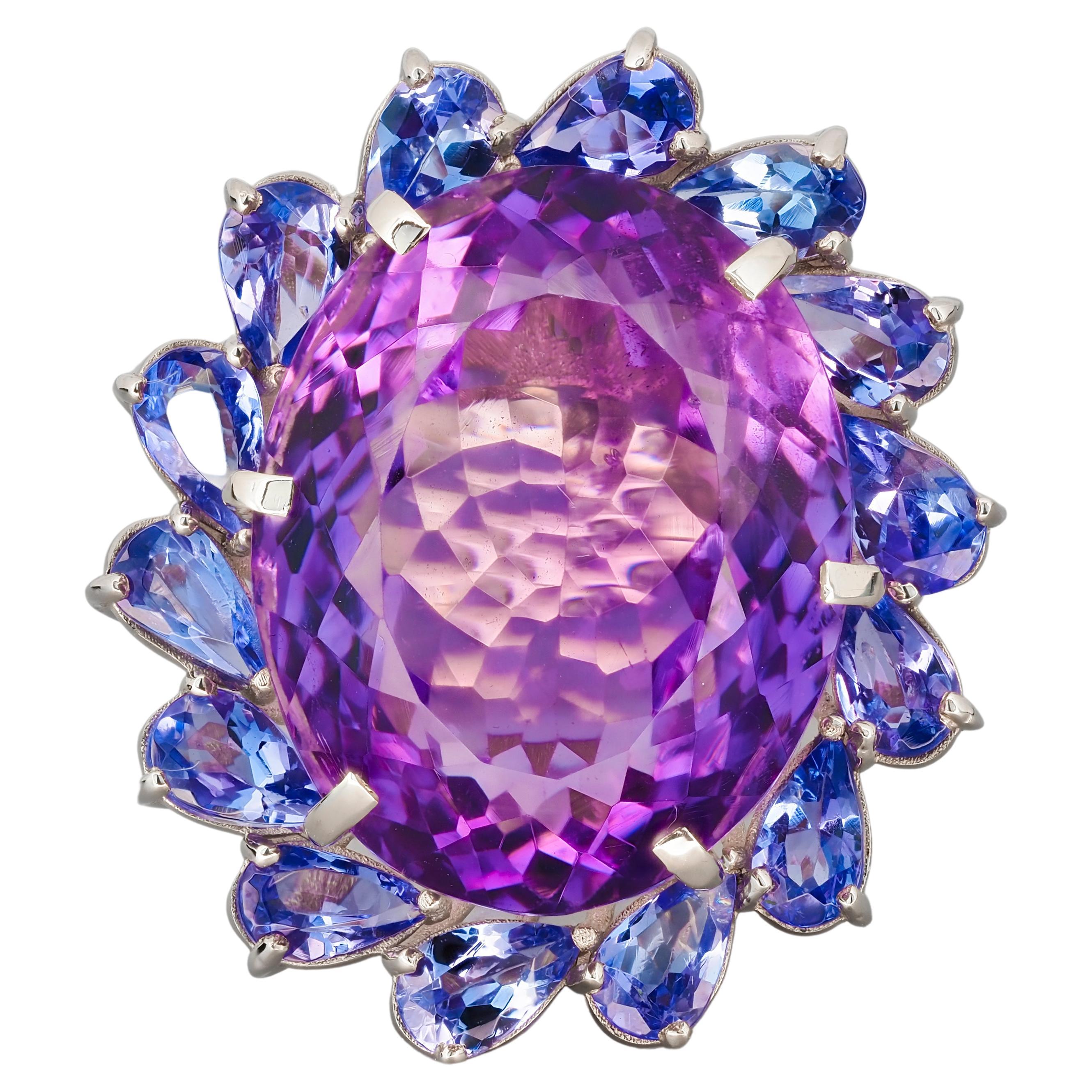14k Gold Cocktail Ring with Amethyst, Tanzanites and Diamonds 2
