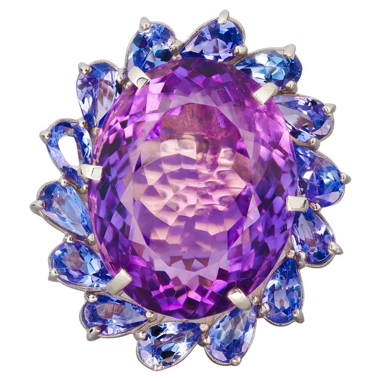 14k Gold Cocktail Ring with Amethyst, Tanzanites and Diamonds For Sale