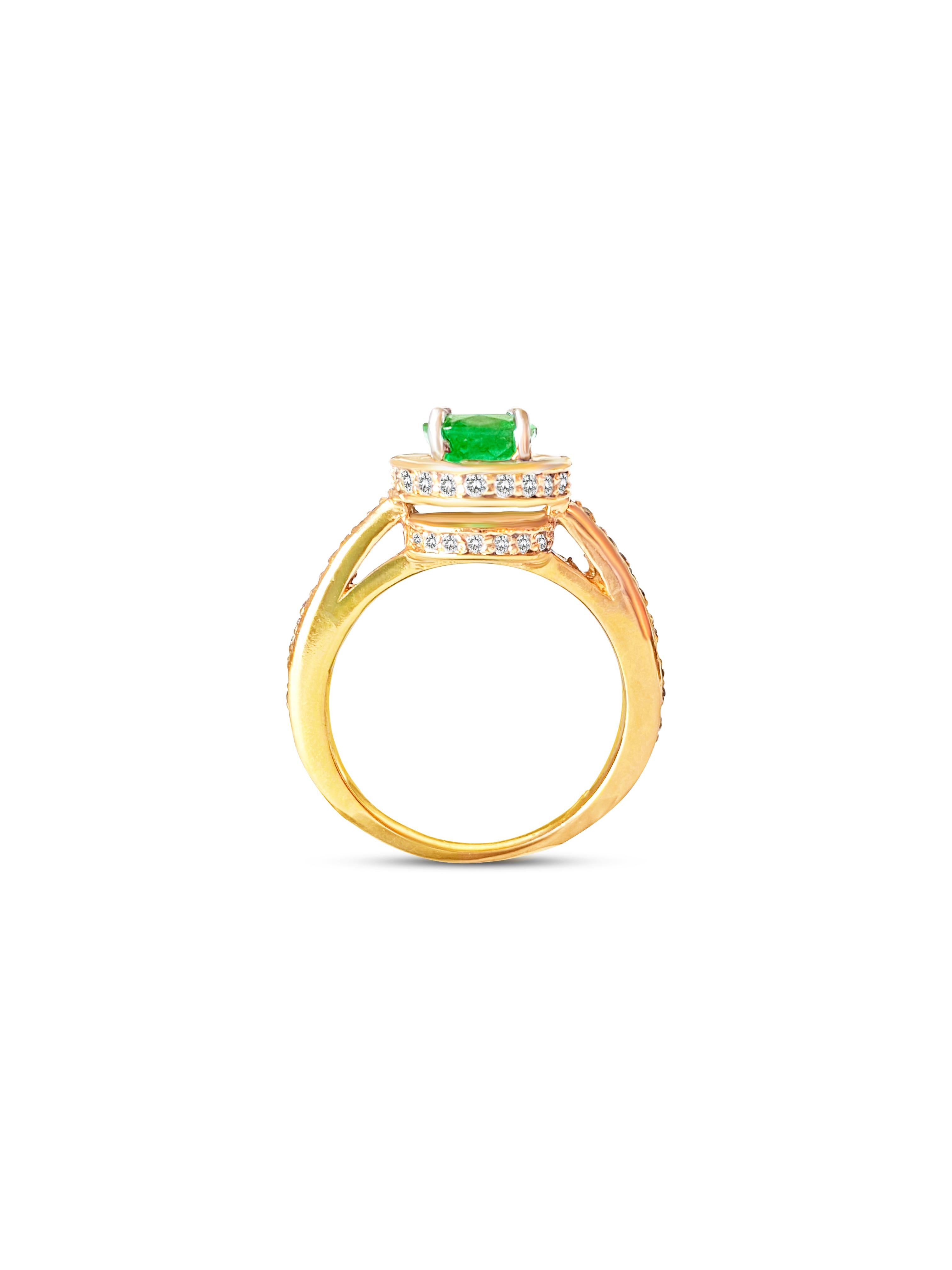 Emerald Cut 14k Gold Colombian Emerald And Diamond Engagement Ring For Sale