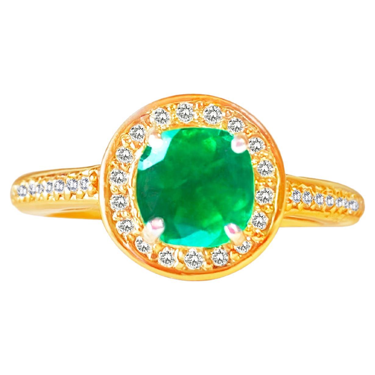 14k Gold Verlobungsring mit kolumbianischem Smaragd und Diamant im Angebot