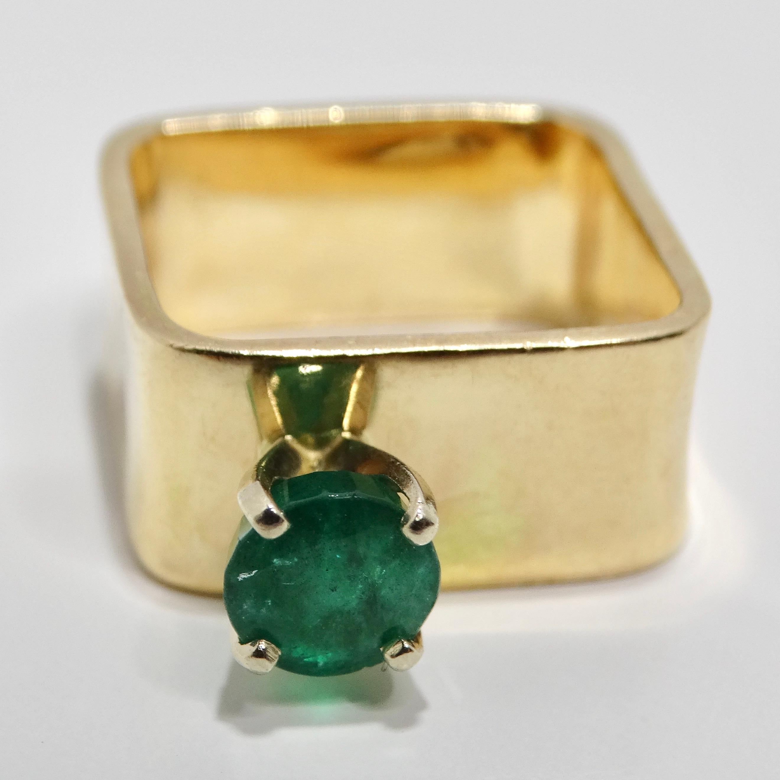 Round Cut 14K Gold Colombian Emerald Square Cocktail Ring For Sale