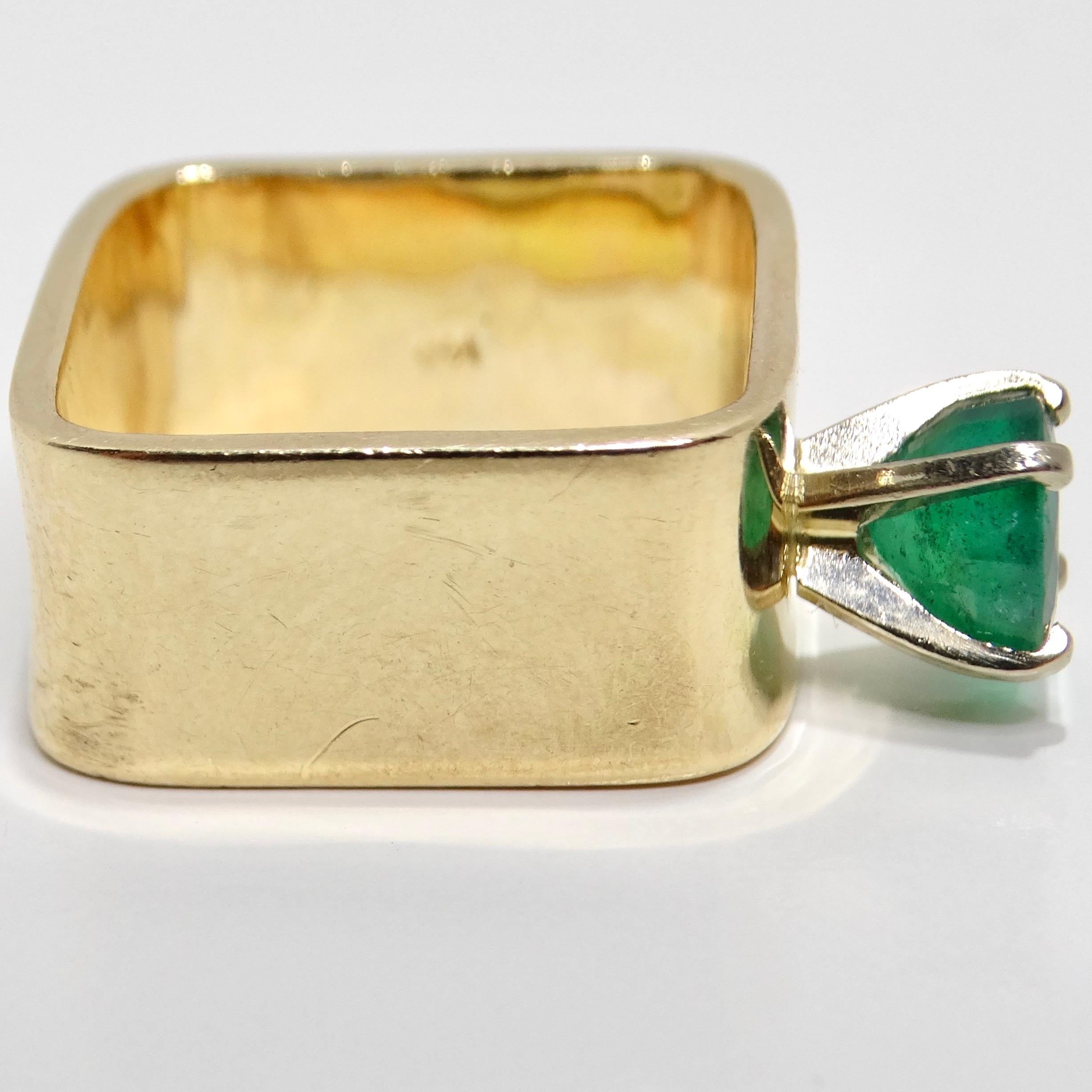 Women's or Men's 14K Gold Colombian Emerald Square Cocktail Ring For Sale