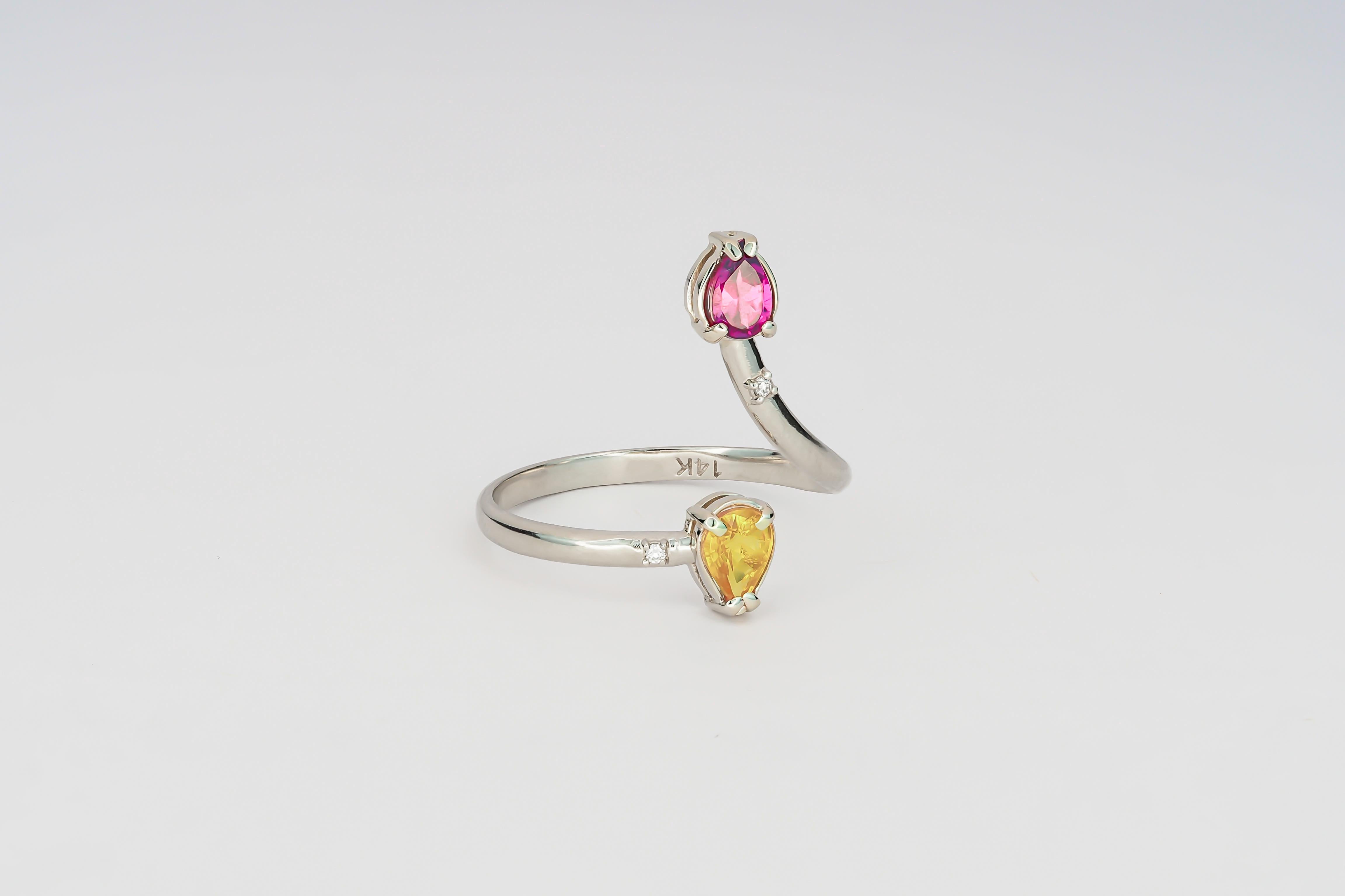 For Sale:  14k Gold Ring with Red Garnet, Yellow Sapphire and Diamonds 2