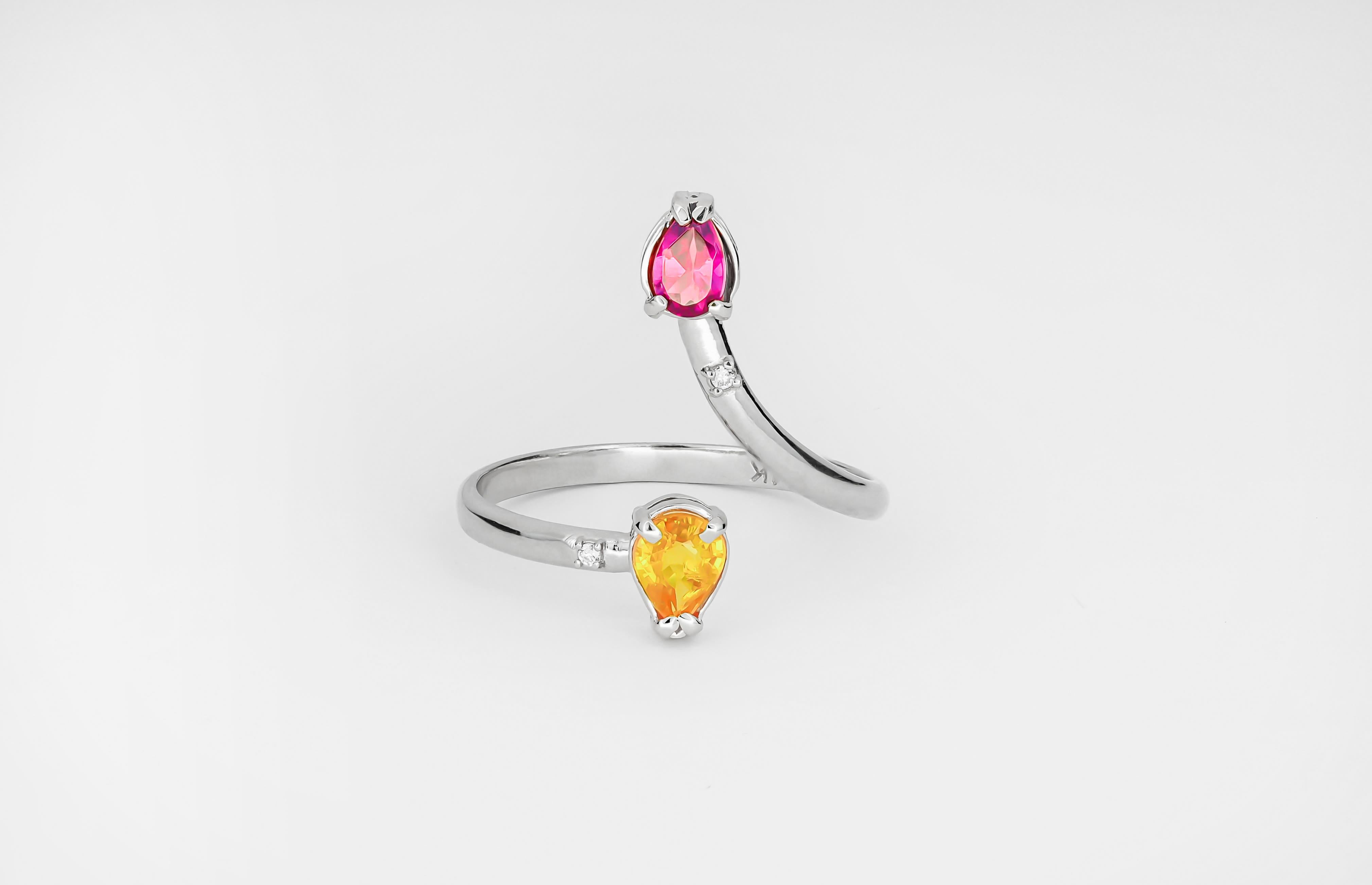 For Sale:  14k Gold Ring with Red Garnet, Yellow Sapphire and Diamonds 3