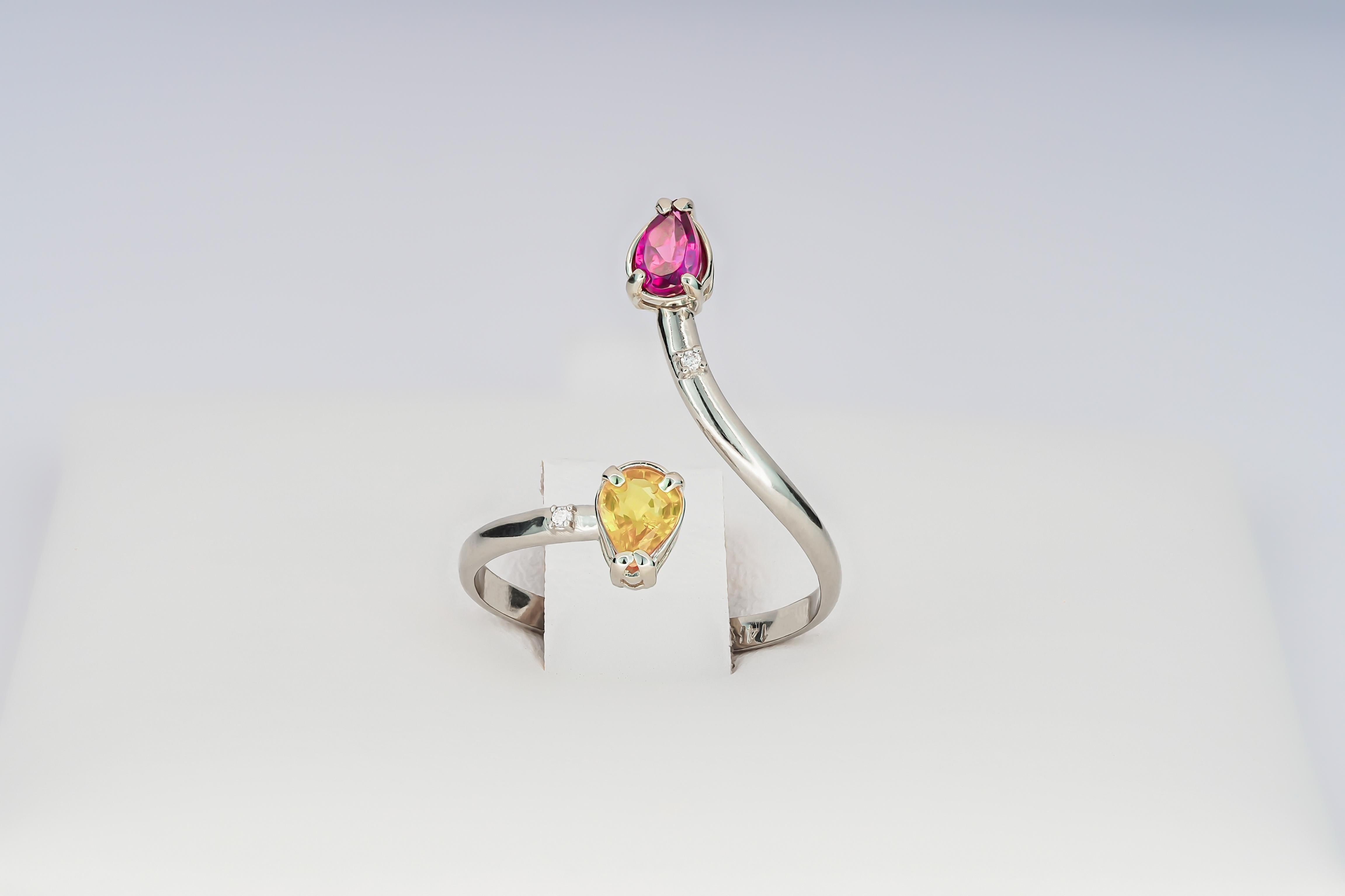 For Sale:  14k Gold Ring with Red Garnet, Yellow Sapphire and Diamonds 5