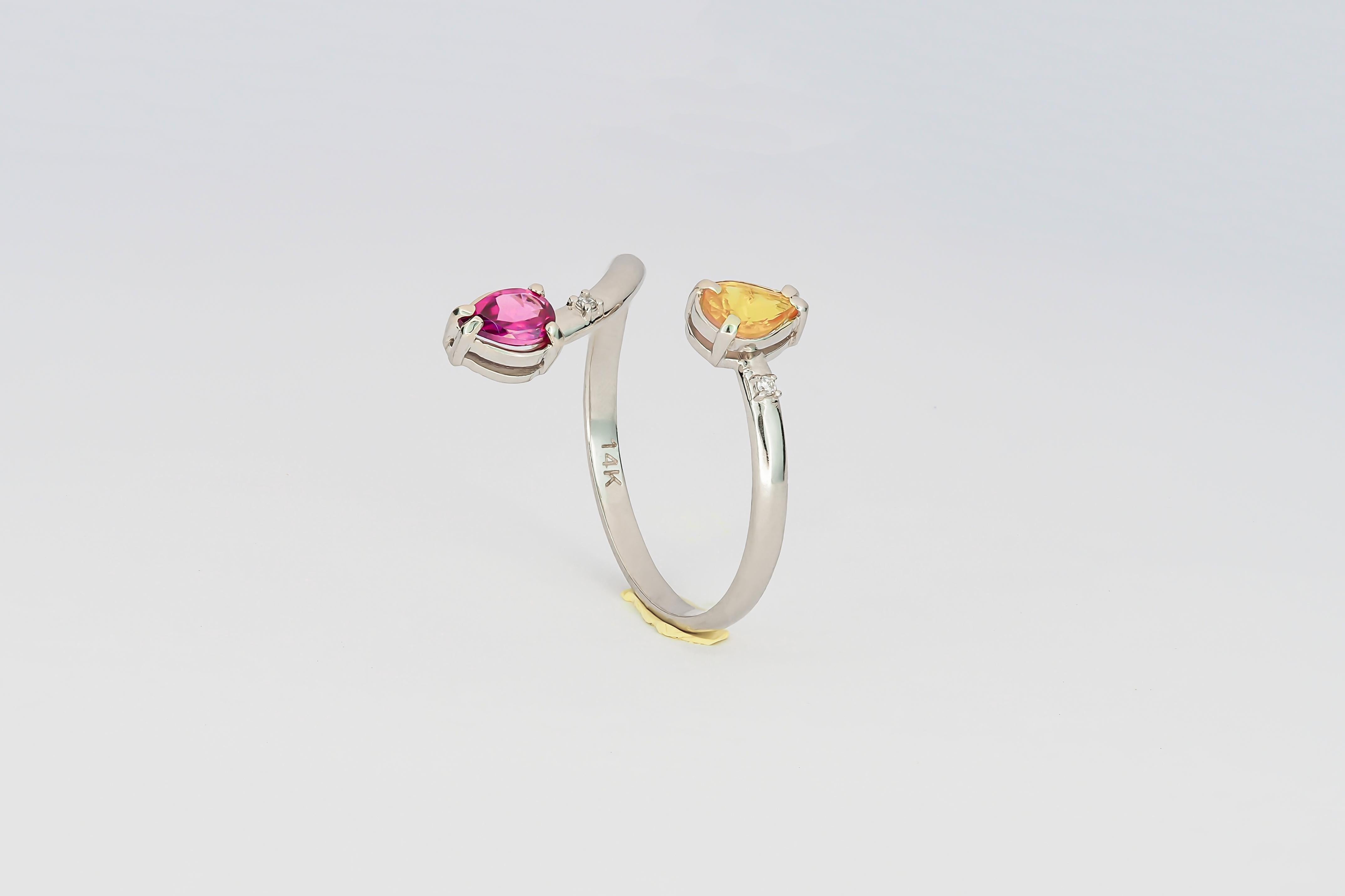 For Sale:  14k Gold Color Contrast Ring with Red Garnet, Yellow Sapphire and Diamonds 7