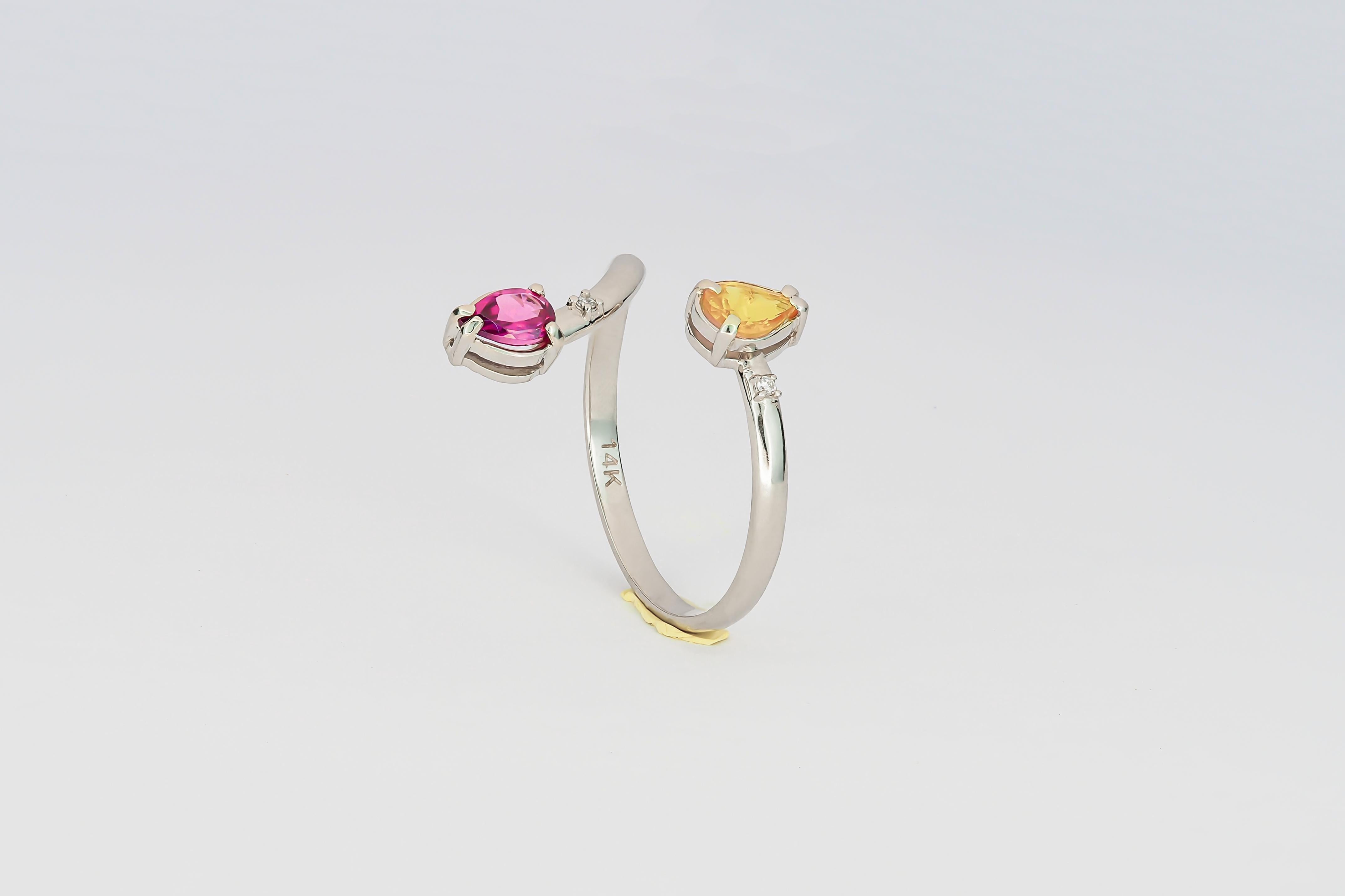 For Sale:  14k Gold Ring with Red Garnet, Yellow Sapphire and Diamonds 7