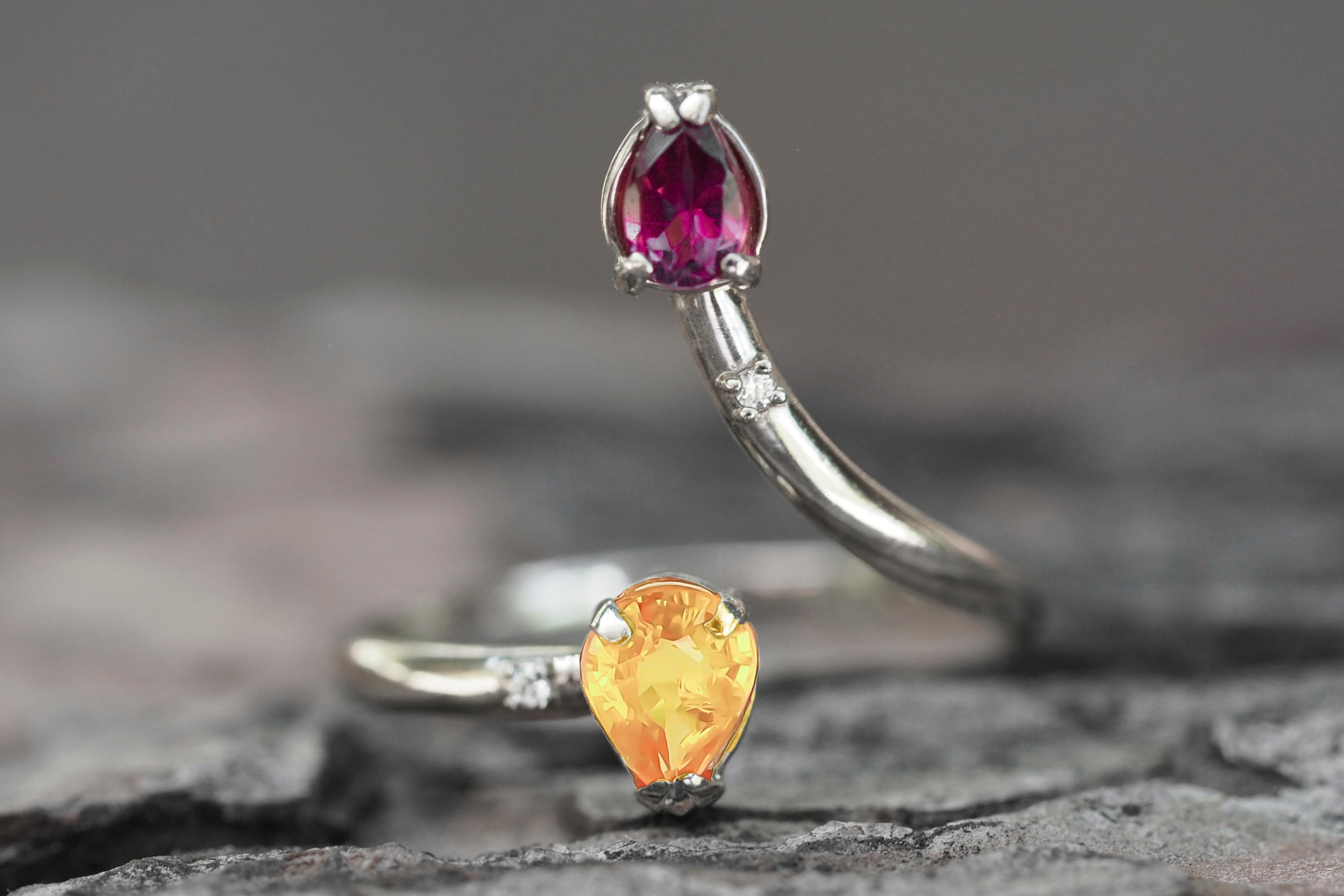 For Sale:  14k Gold Color Contrast Ring with Red Garnet, Yellow Sapphire and Diamonds 9