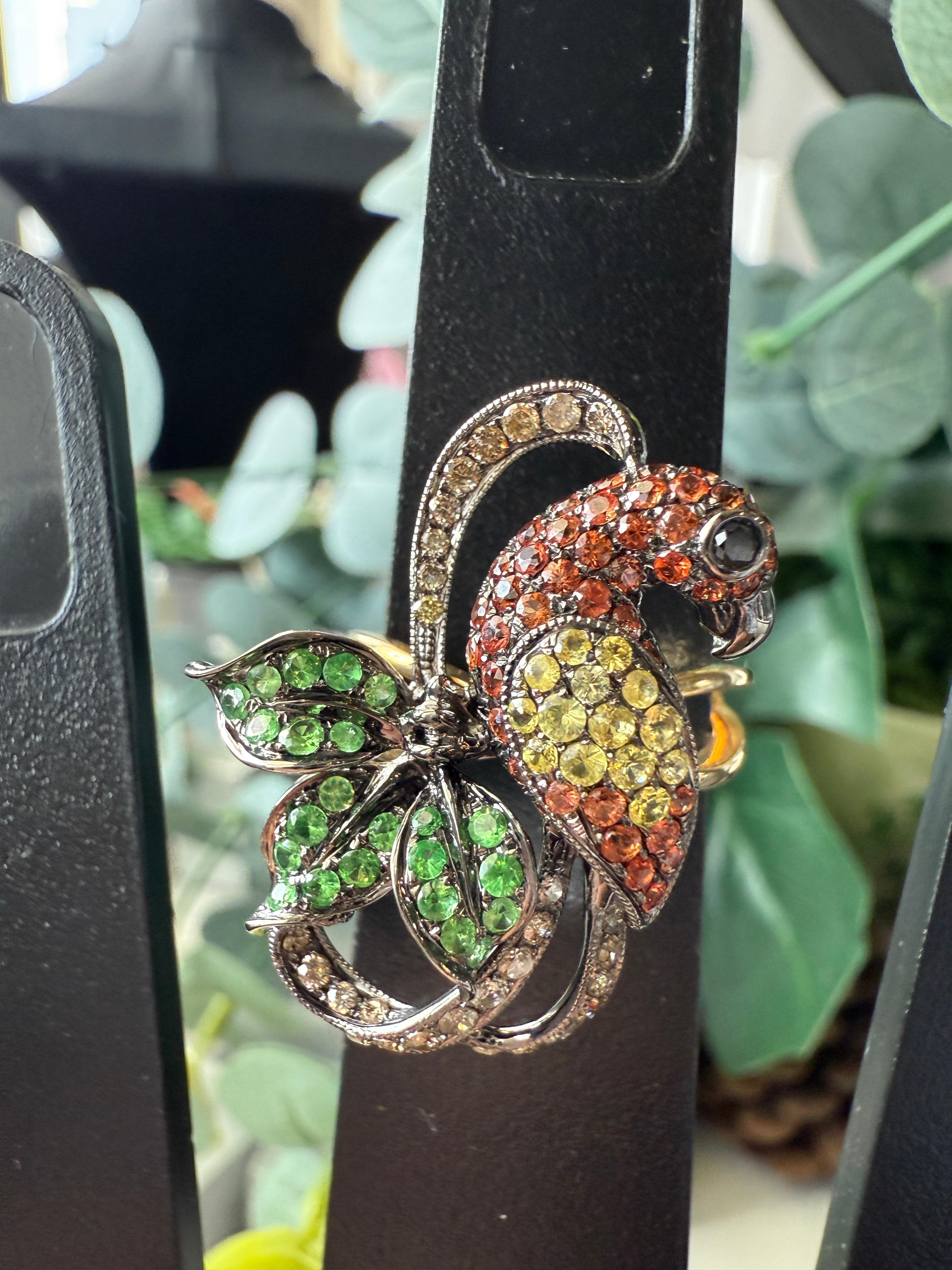 14K Gold Colourful Parrot Ring with Diamonds, Garnets and Sapphires For Sale 5