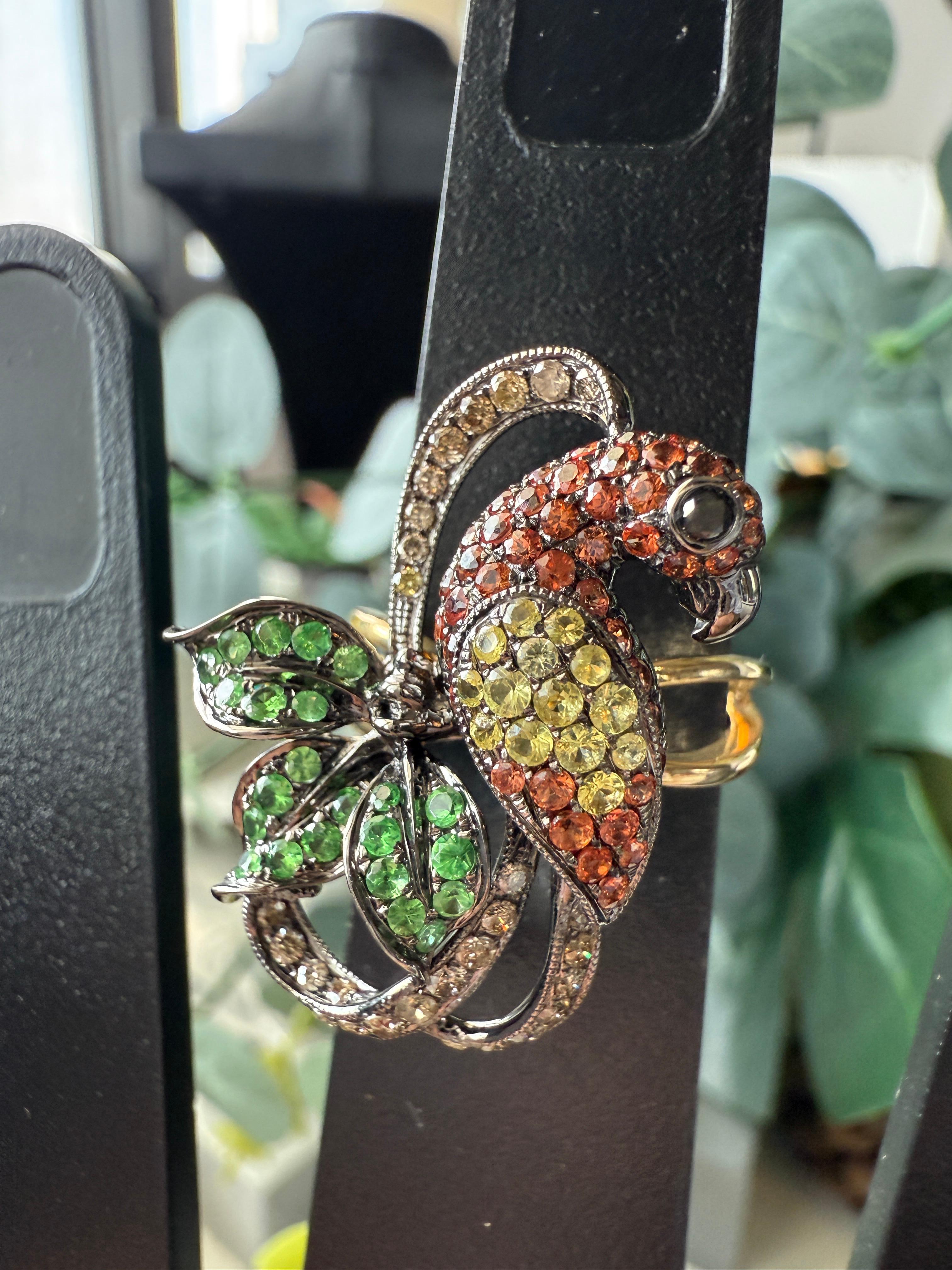 14K Gold Colourful Parrot Ring with Diamonds, Garnets and Sapphires For Sale 6