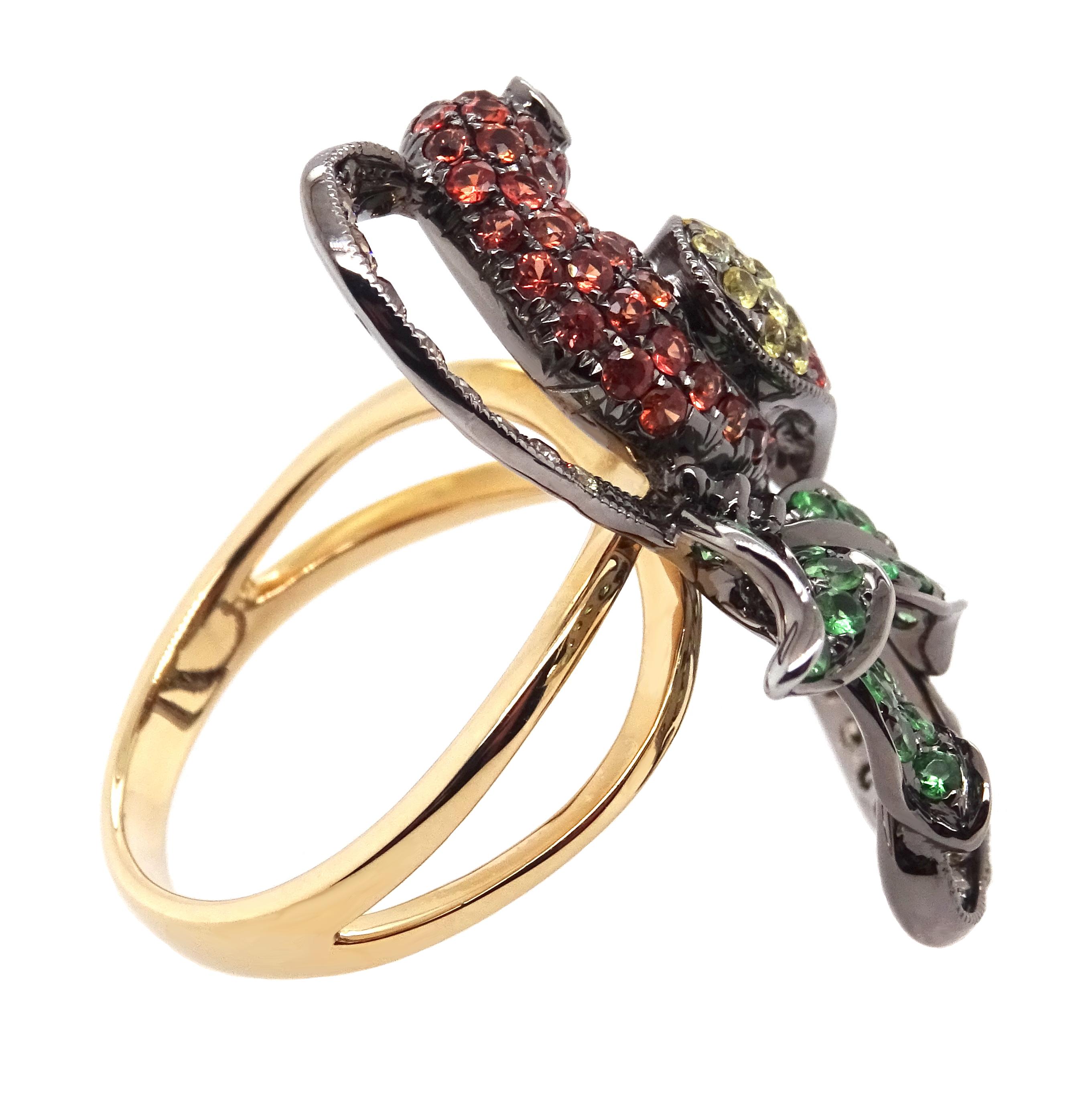 Round Cut 14K Gold Colourful Parrot Ring with Diamonds, Garnets and Sapphires For Sale