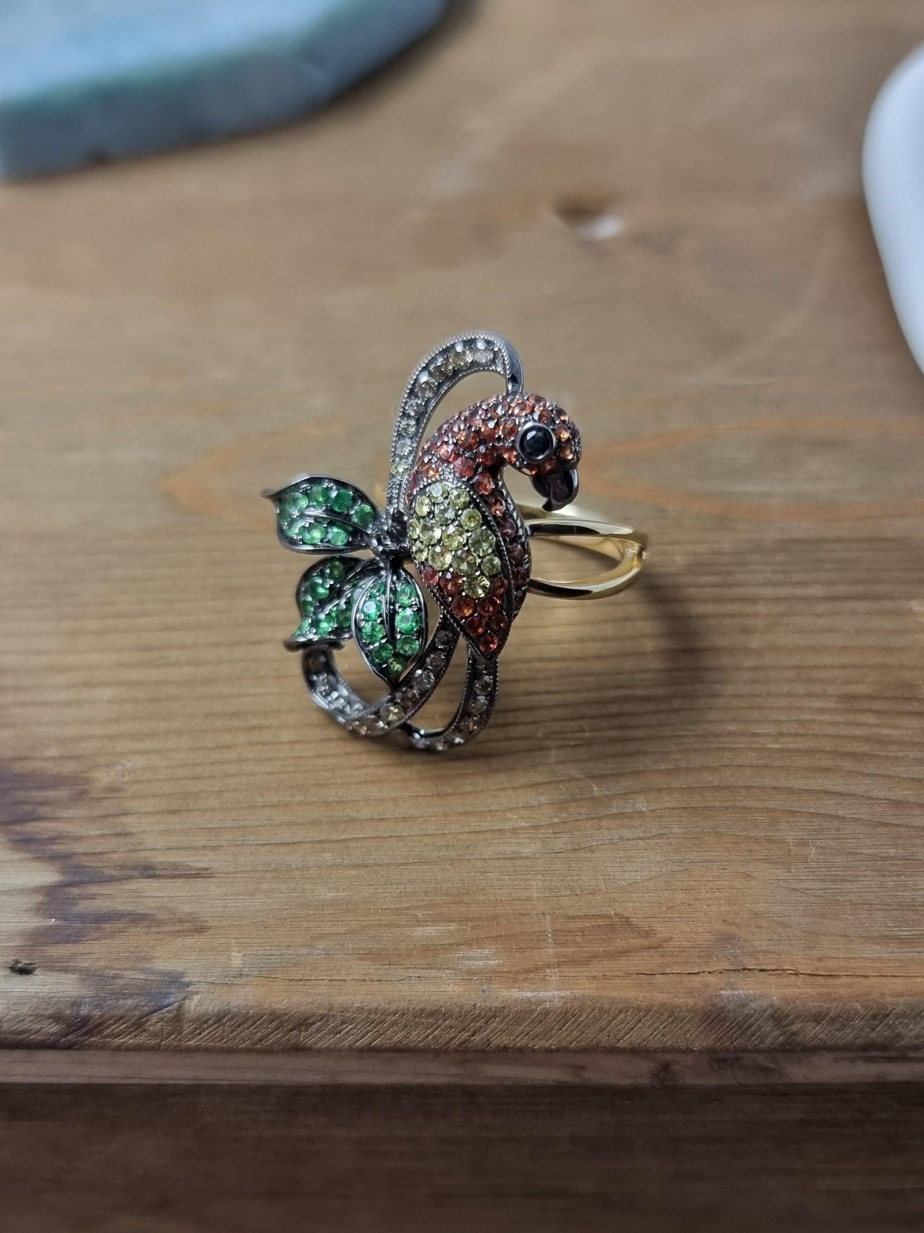 Women's 14K Gold Colourful Parrot Ring with Diamonds, Garnets and Sapphires For Sale