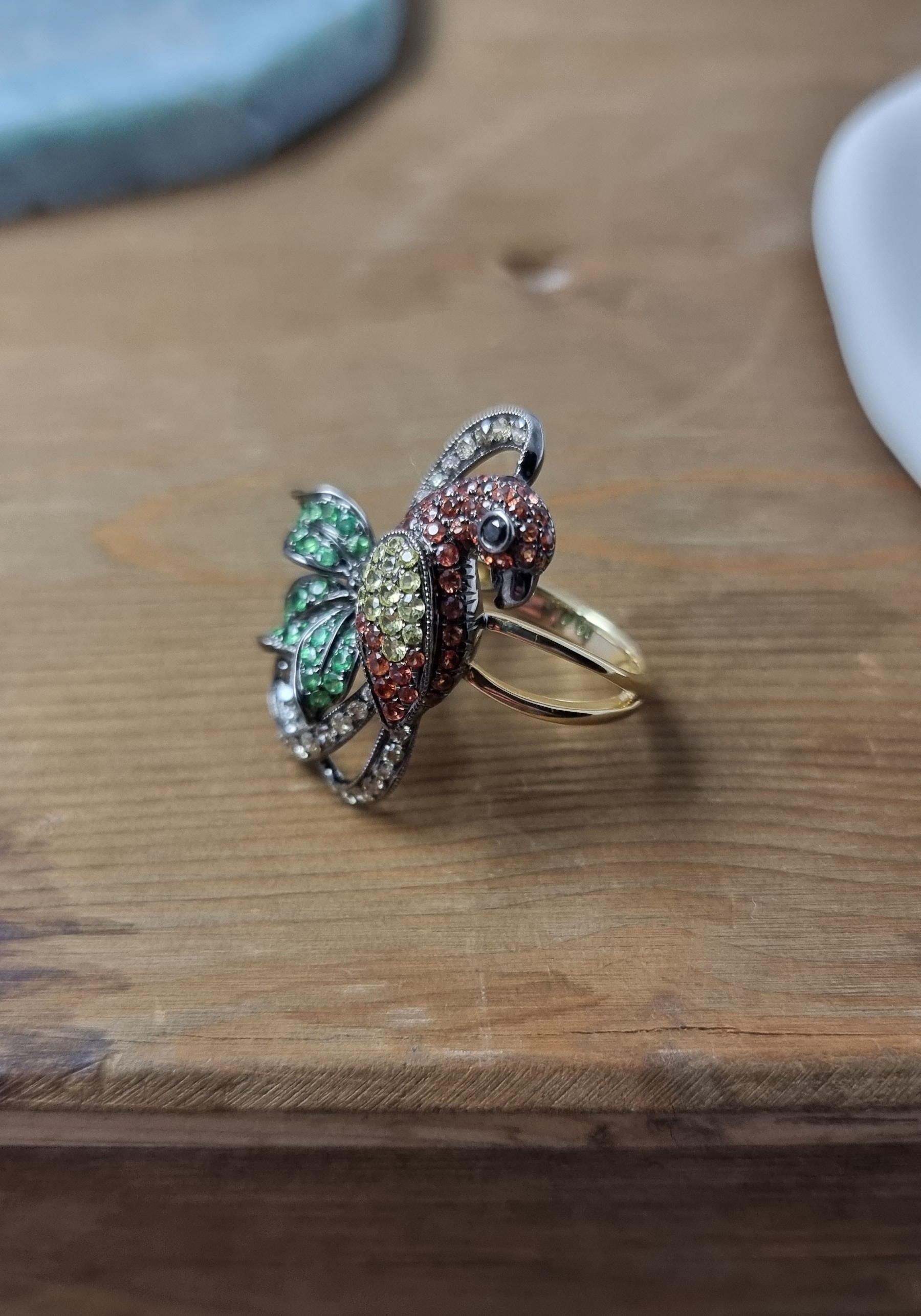 14K Gold Colourful Parrot Ring with Diamonds, Garnets and Sapphires For Sale 1