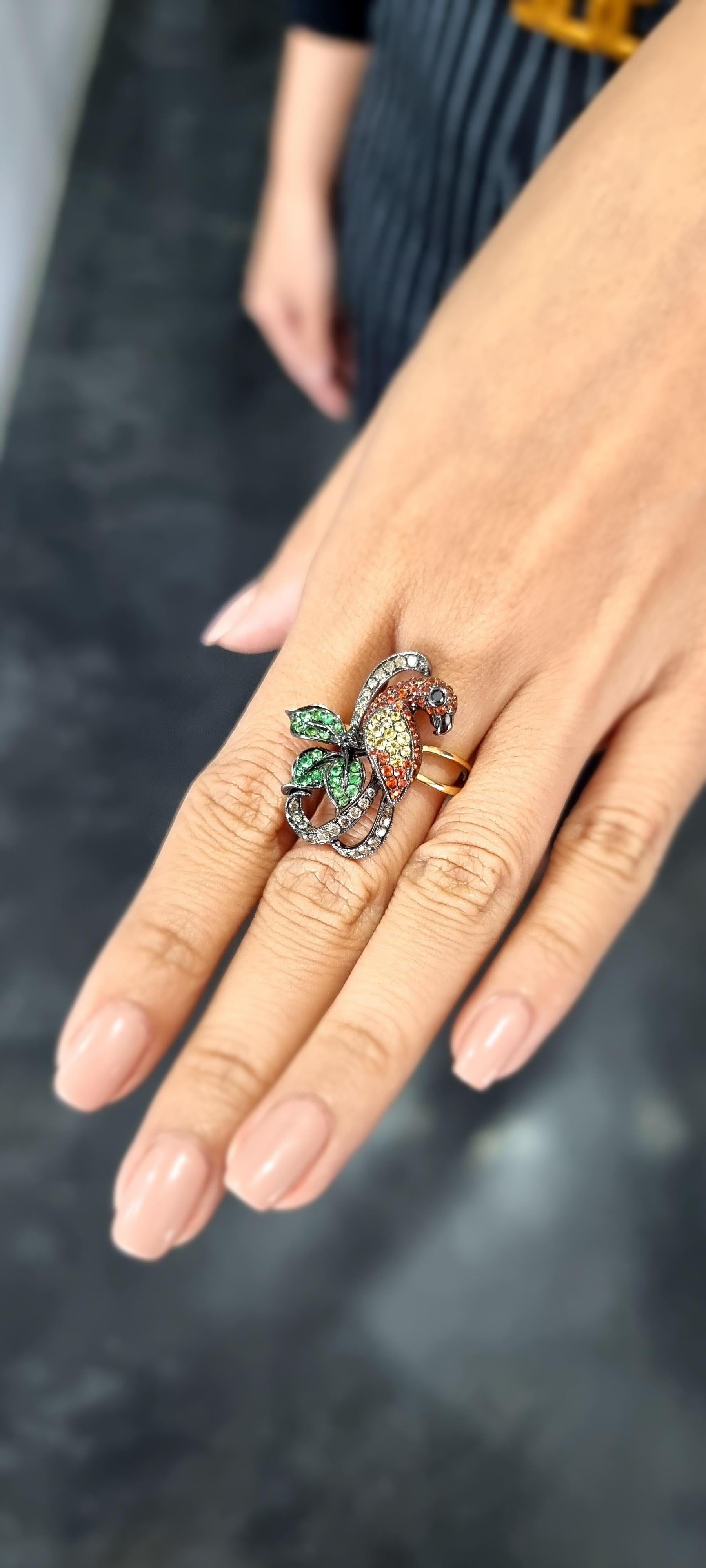 14K Gold Colourful Parrot Ring with Diamonds, Garnets and Sapphires For Sale 2