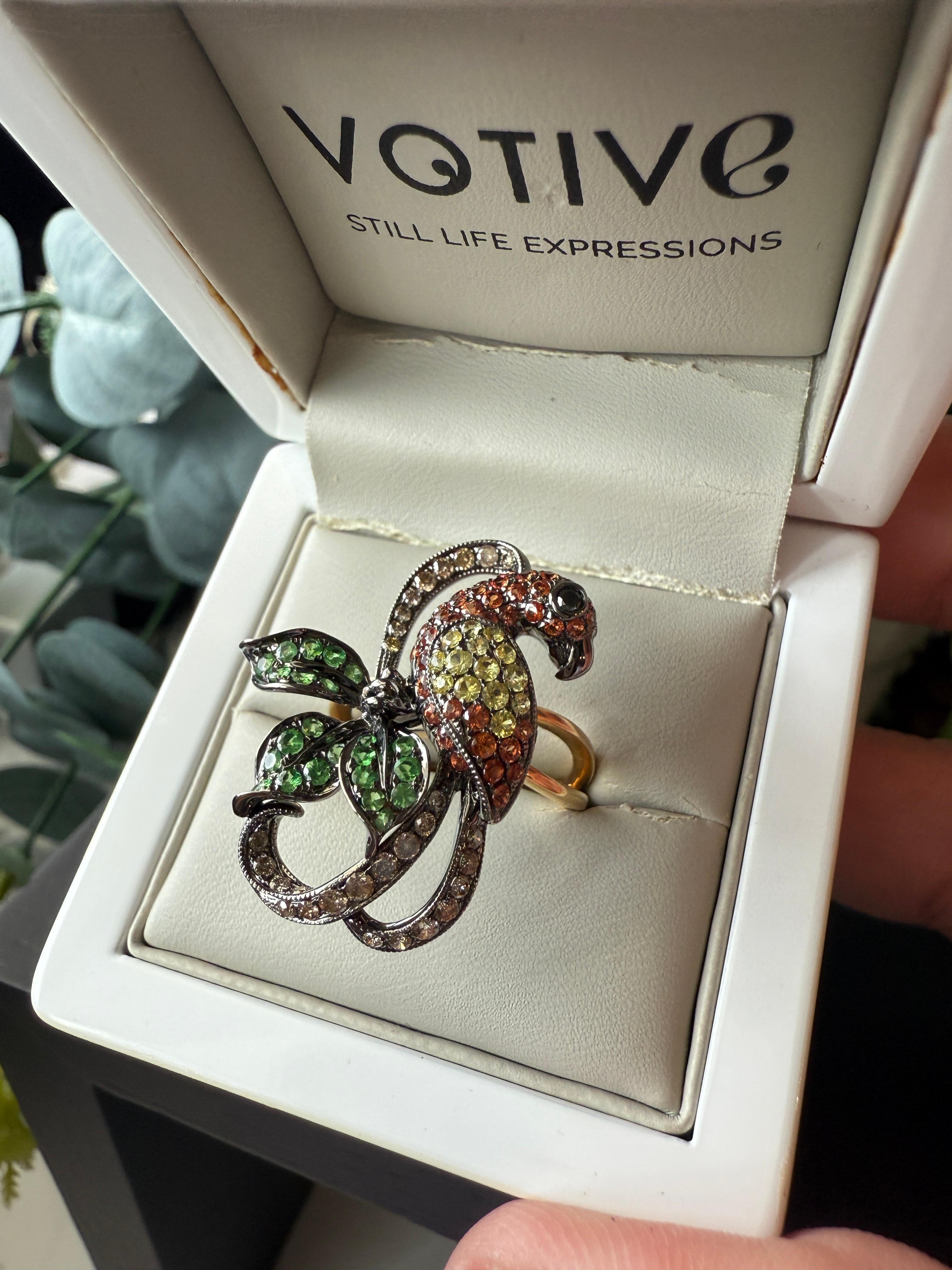14K Gold Colourful Parrot Ring with Diamonds, Garnets and Sapphires For Sale 4