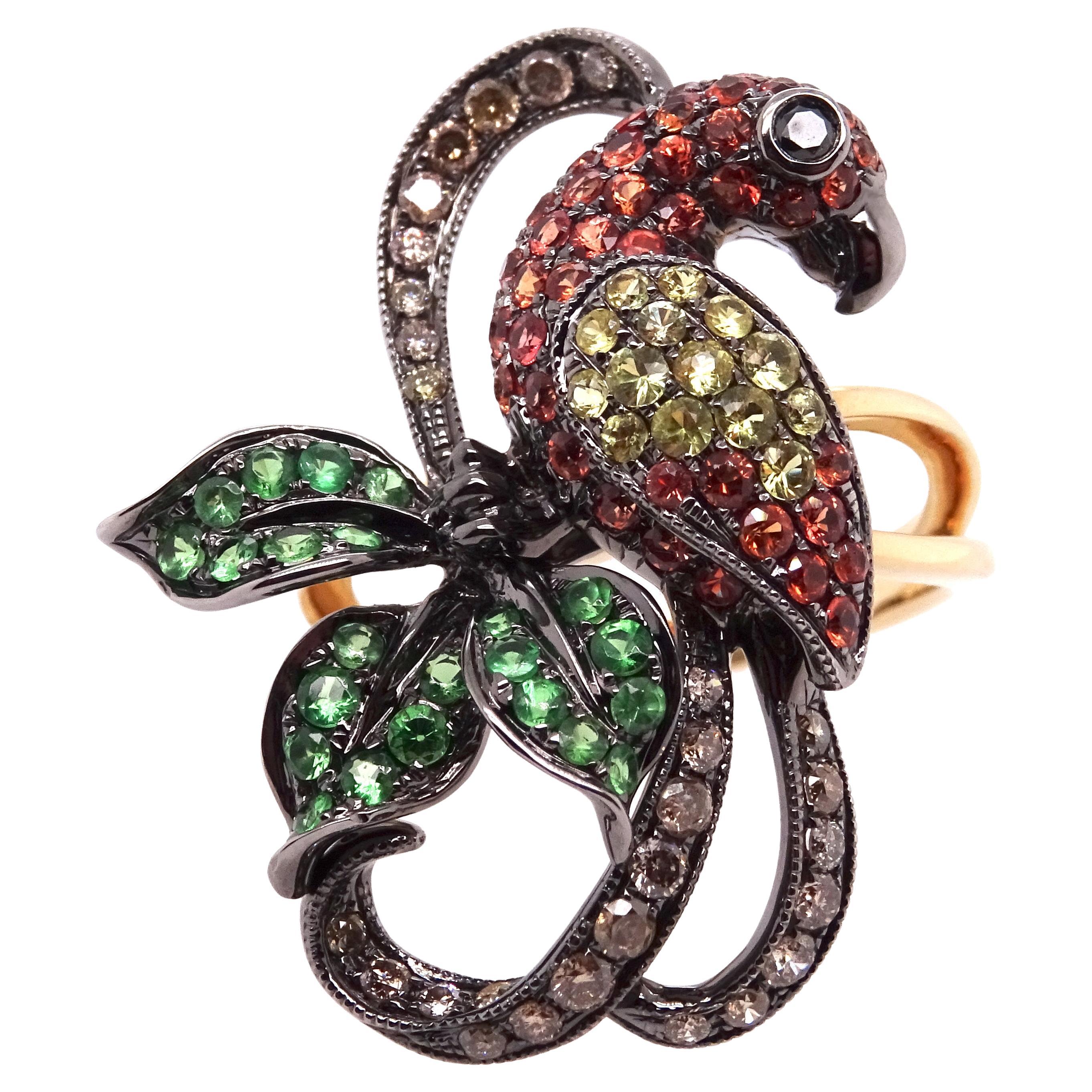 14K Gold Colourful Parrot Ring with Diamonds, Garnets and Sapphires For Sale