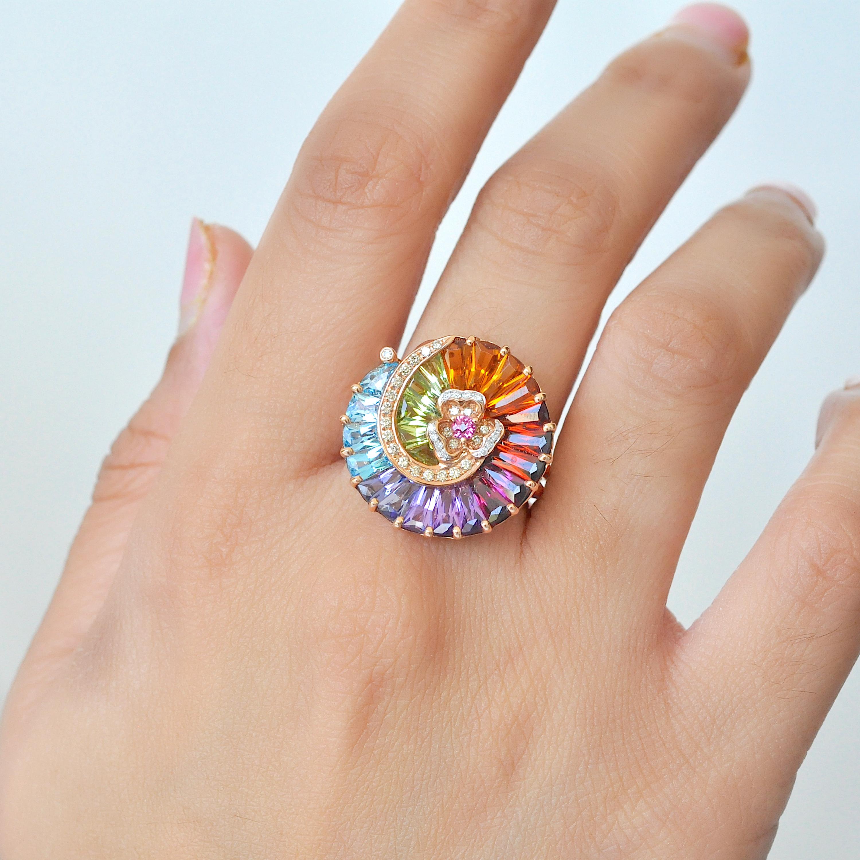 14K Gold Contemporary Spiral Rainbow Multicolour Gemstone Diamond Cocktail Ring For Sale 5