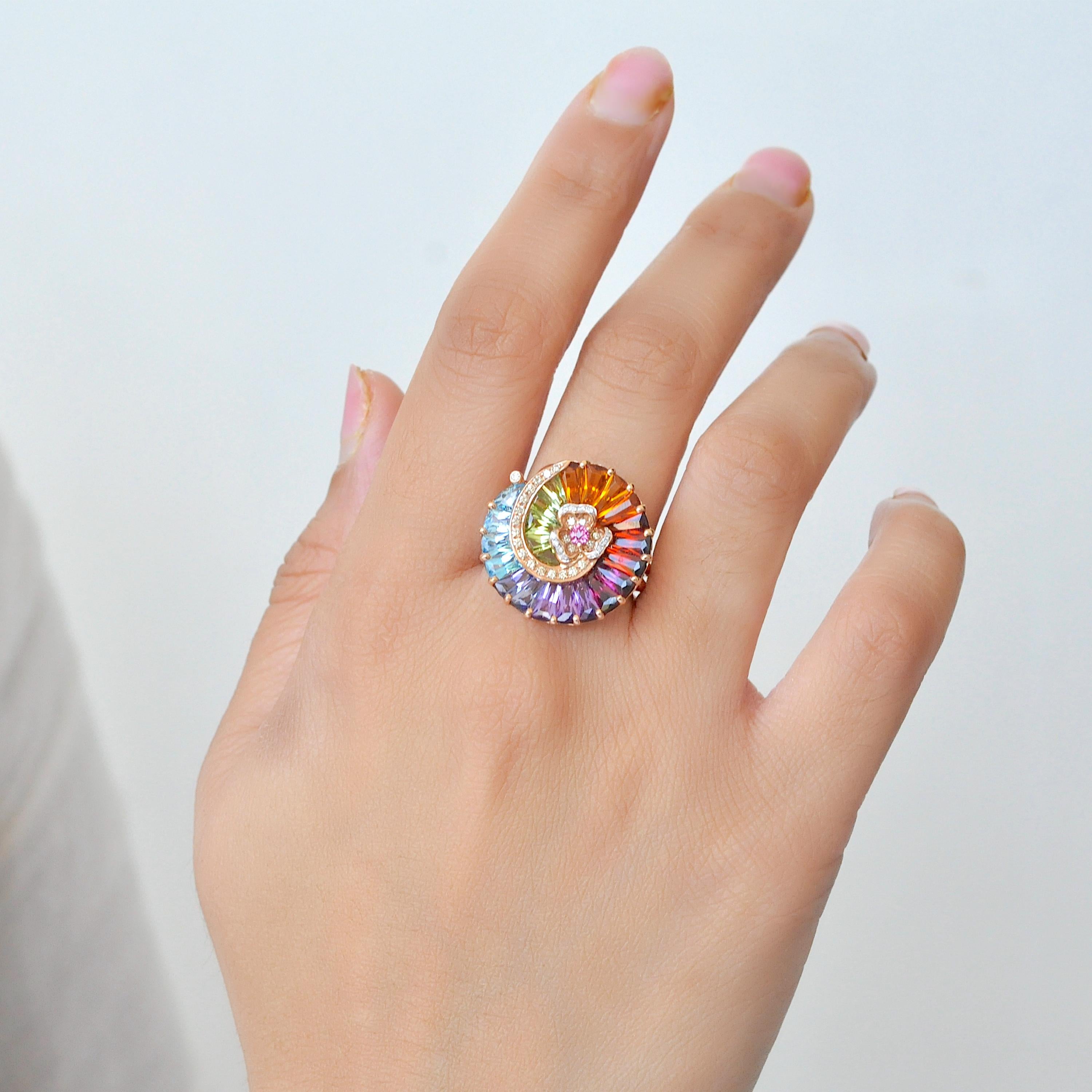 14K Gold Contemporary Spiral Rainbow Multicolour Gemstone Diamond Cocktail Ring 6