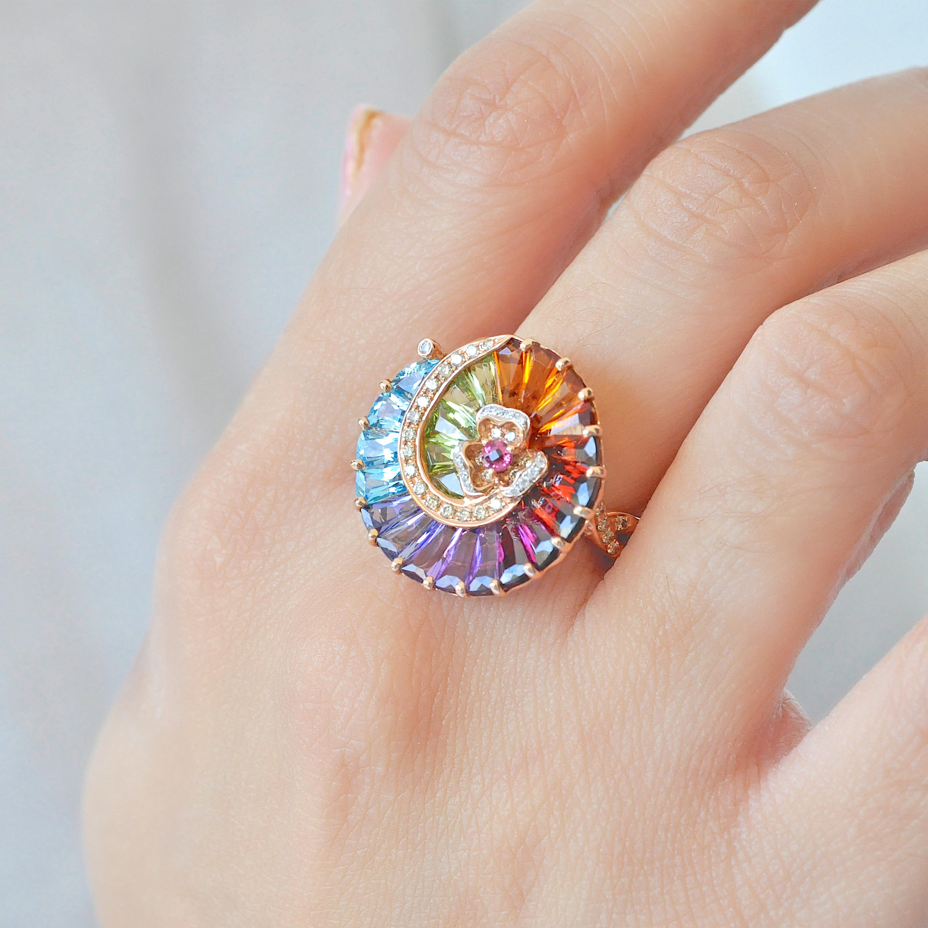 Tapered Baguette 14K Gold Contemporary Spiral Rainbow Multicolour Gemstone Diamond Cocktail Ring For Sale