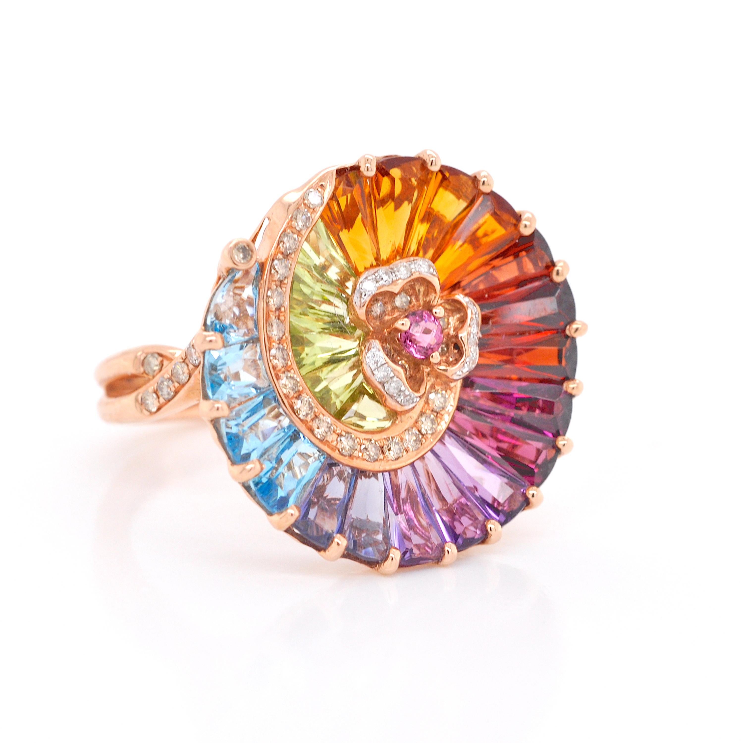 14K Gold Contemporary Spiral Rainbow Multicolour Gemstone Diamond Cocktail Ring In New Condition For Sale In Jaipur, Rajasthan
