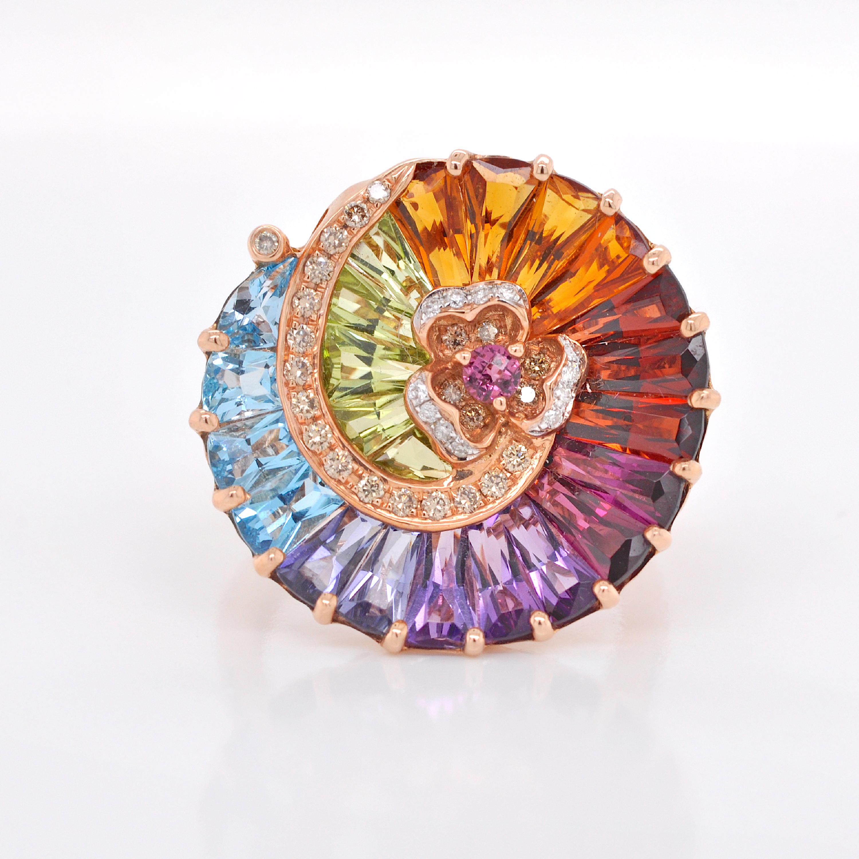 Women's 14K Gold Contemporary Spiral Rainbow Multicolour Gemstone Diamond Cocktail Ring