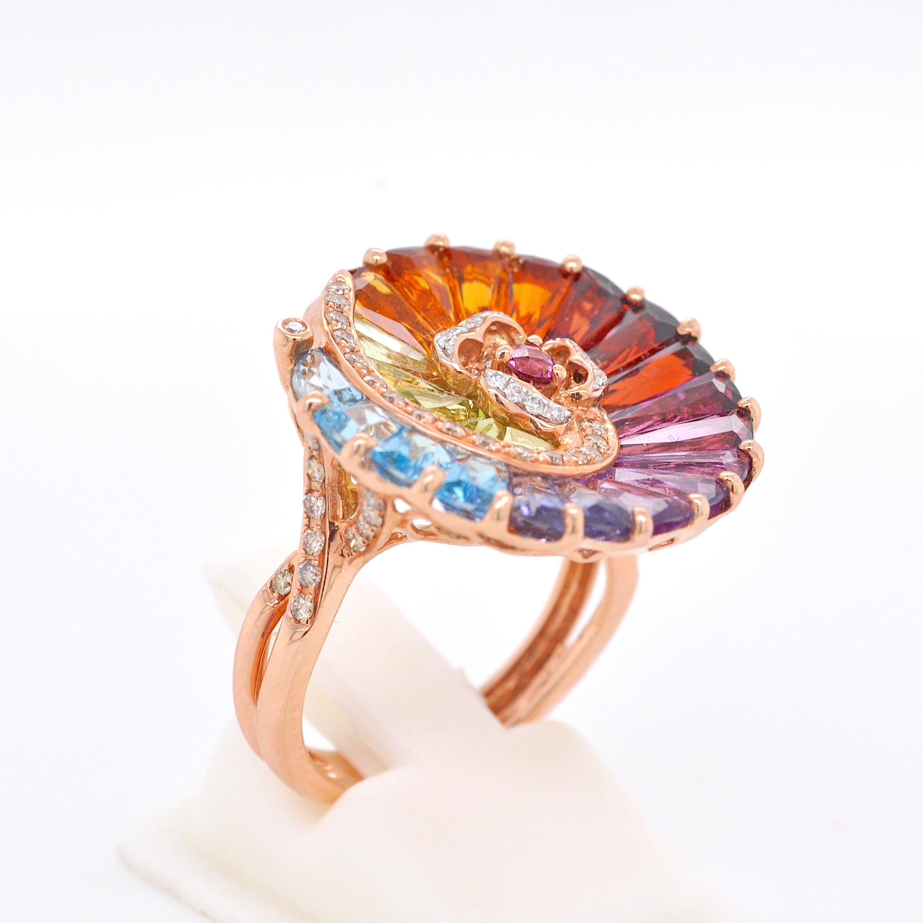14K Gold Contemporary Spiral Rainbow Multicolour Gemstone Diamond Cocktail Ring For Sale 1