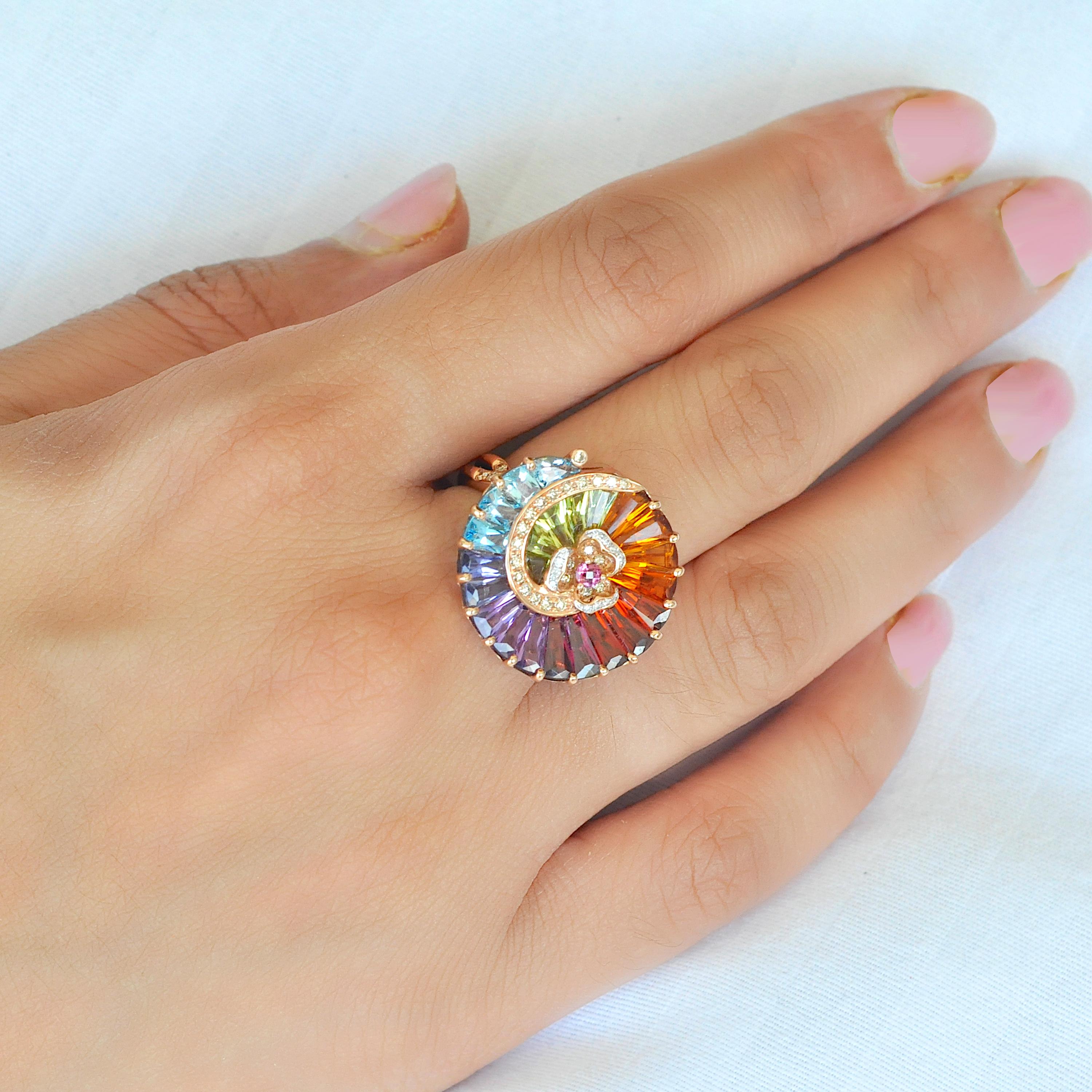 14K Gold Contemporary Spiral Rainbow Multicolour Gemstone Diamond Cocktail Ring For Sale 4