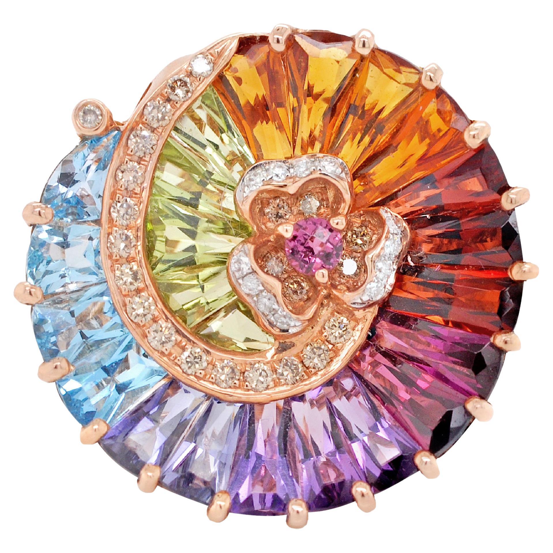 14K Gold Contemporary Spiral Rainbow Multicolour Gemstone Diamond Cocktail Ring