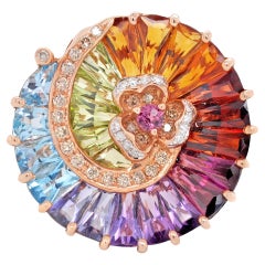 14K Gold Contemporary Spiral Rainbow Multicolour Gemstone Diamond Cocktail Ring