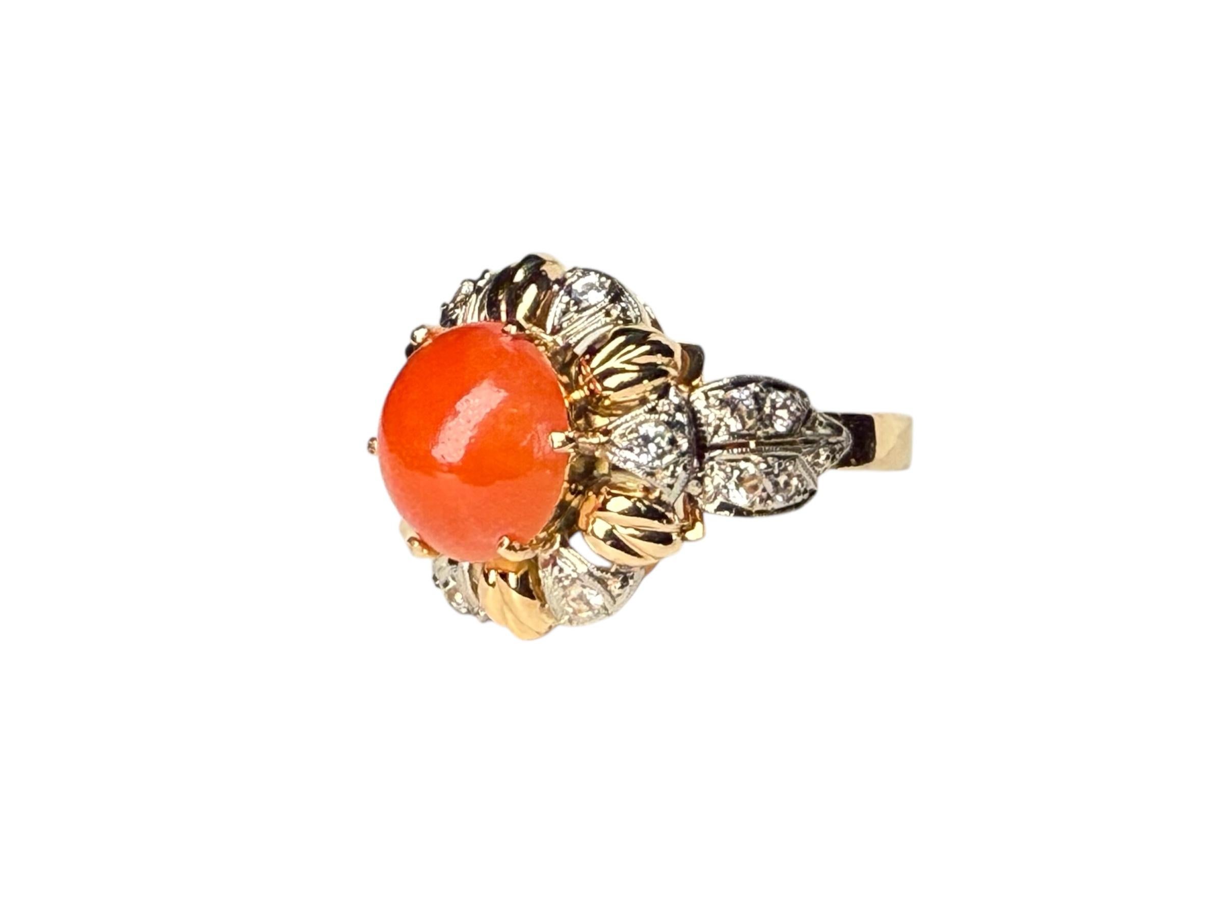 14K Gold Koralle Saphir Ring (Cabochon) im Angebot