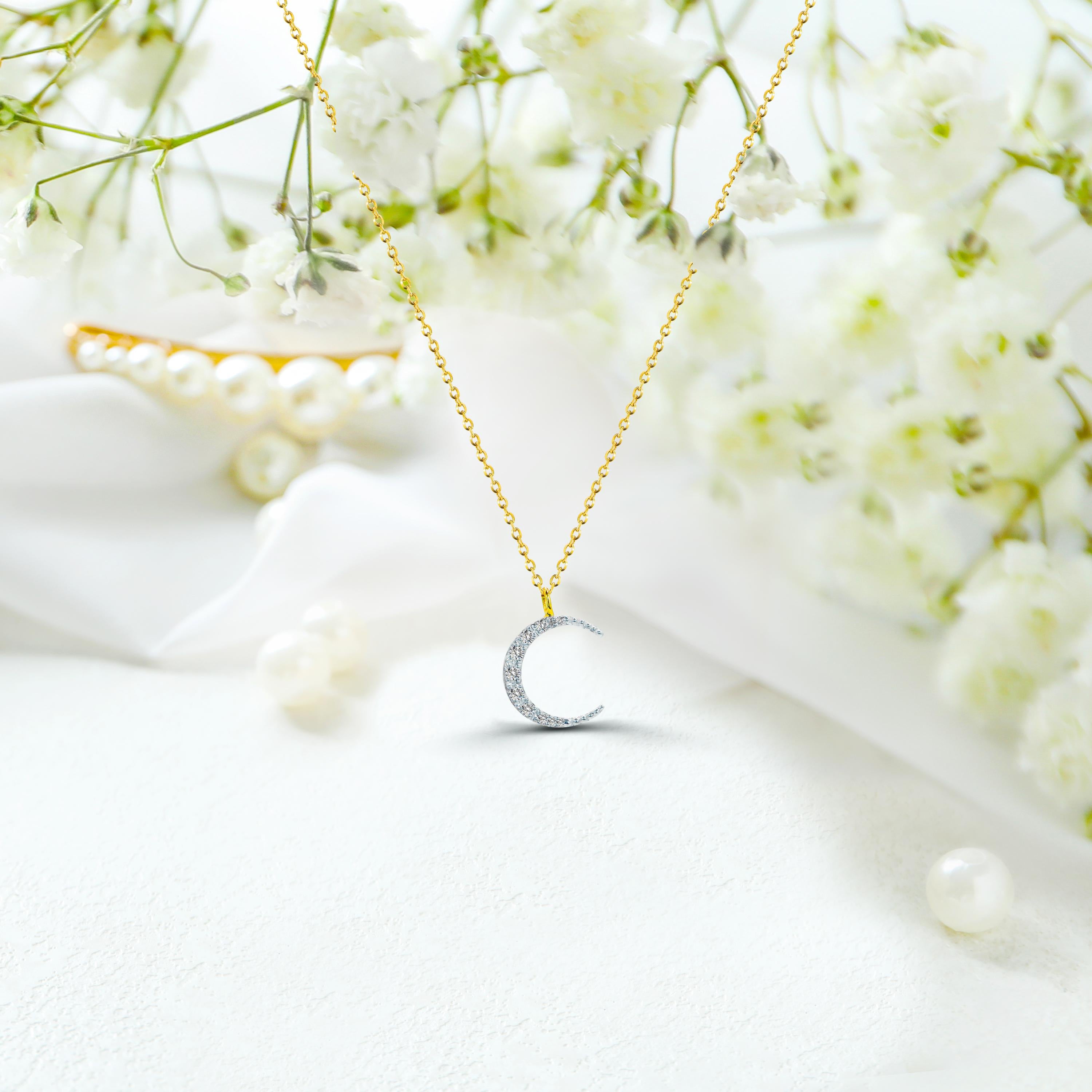 Modern 14k Gold Crescent Half Moon Diamond Necklace For Sale