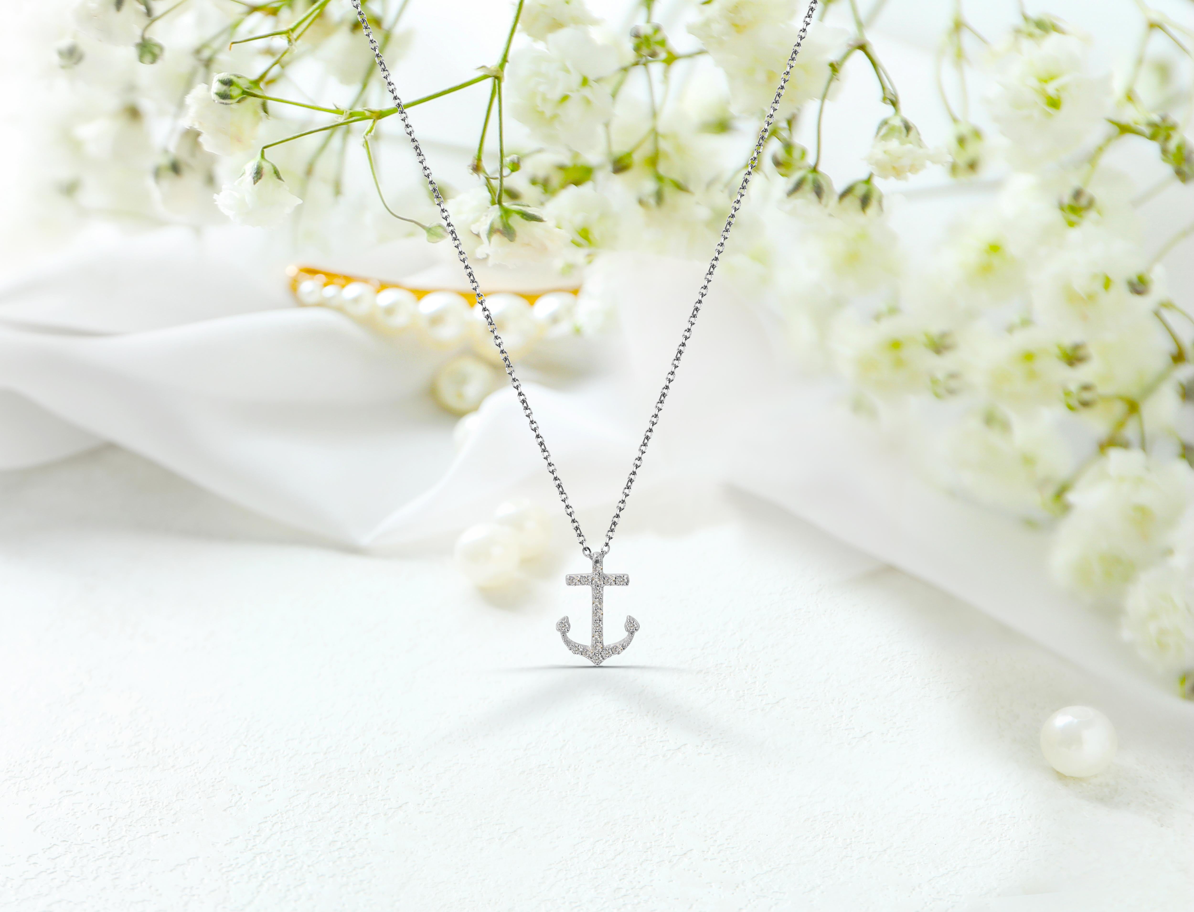 14K Gold Cross Anchor Necklace Sea Life Diamond Pendant Ocean Necklace For Sale 1