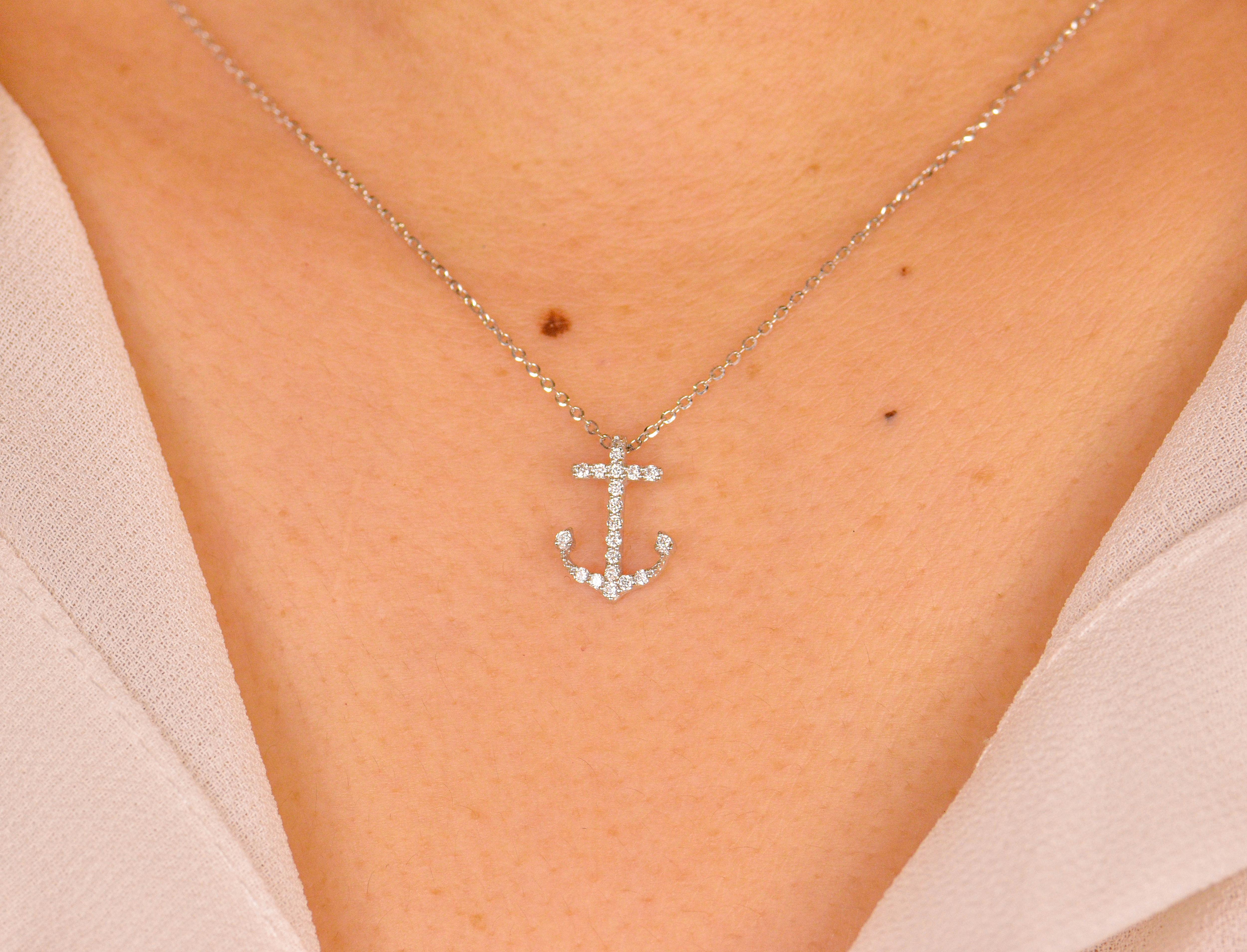 14K Gold Cross Anchor Necklace Sea Life Diamond Pendant Ocean Necklace For Sale 3
