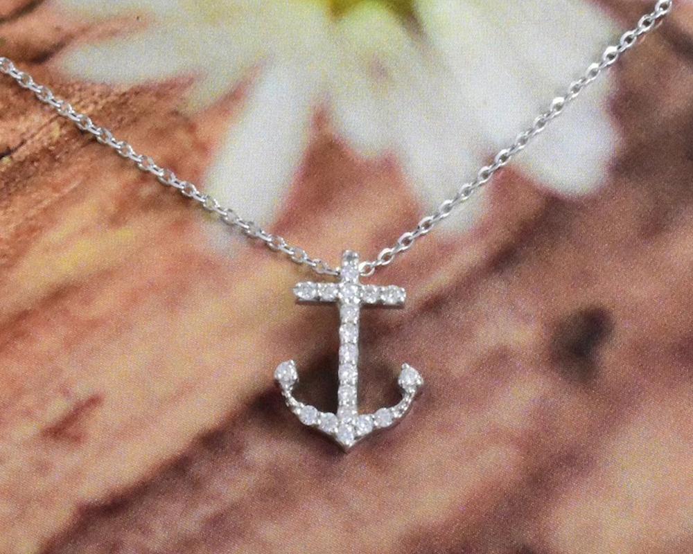 Modern 14K Gold Cross Anchor Necklace Sea Life Diamond Pendant Ocean Necklace For Sale
