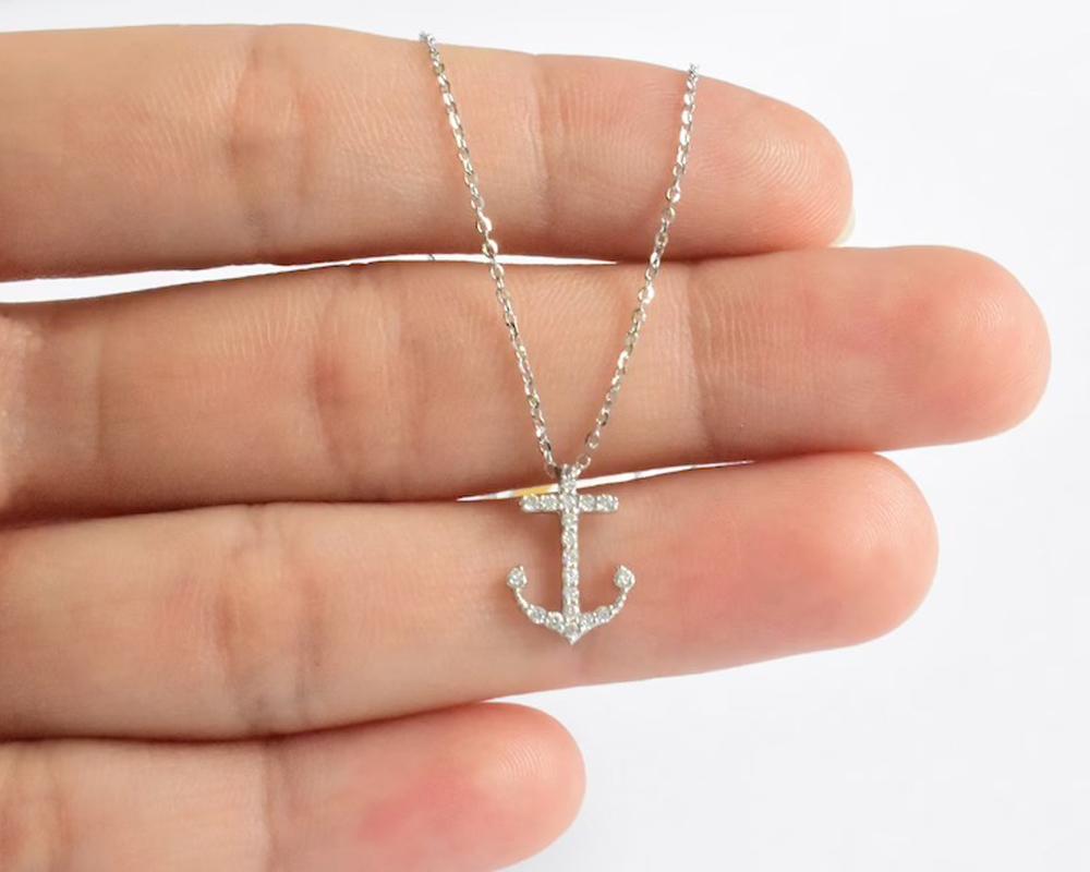 Round Cut 14K Gold Cross Anchor Necklace Sea Life Diamond Pendant Ocean Necklace For Sale