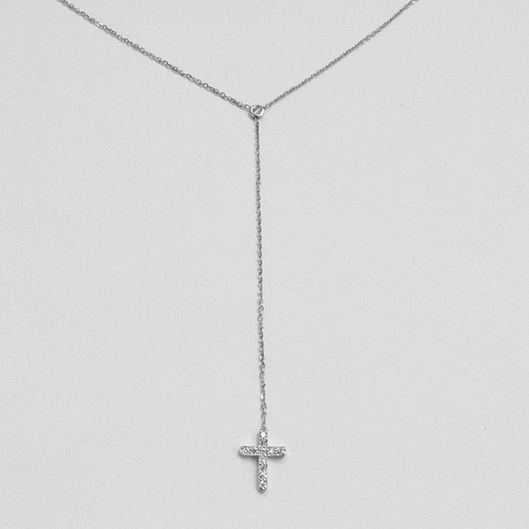 Taille ronde Collier lariat en or 14 carats avec croix, collier lariat en diamants et collier en forme de Y en vente