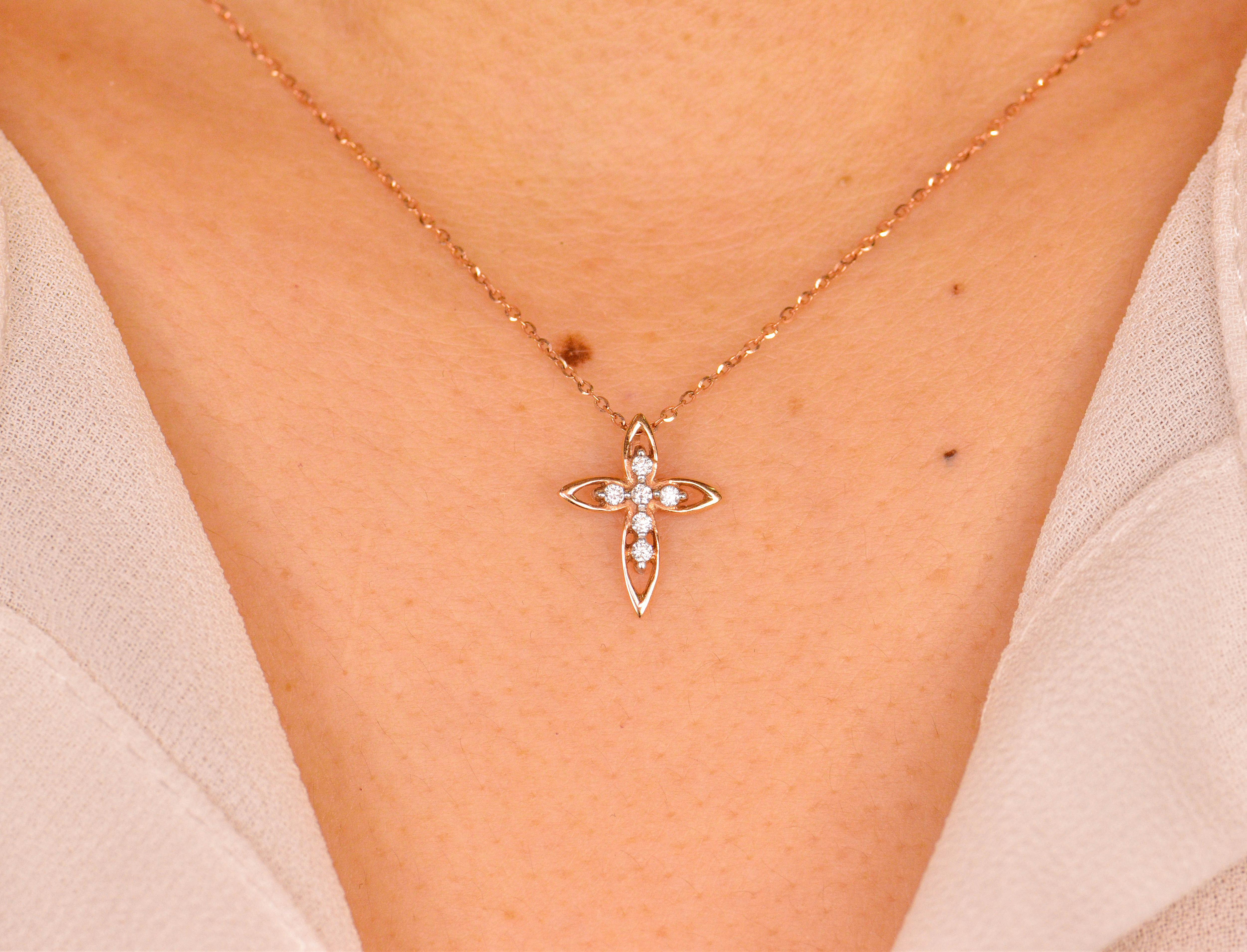 Modern 14K Gold Cross Necklace Diamond Mini Cross Necklace Religious Necklace For Sale