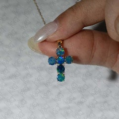 14K Gold Cross Pendant Necklace, Australian Opal Doublet