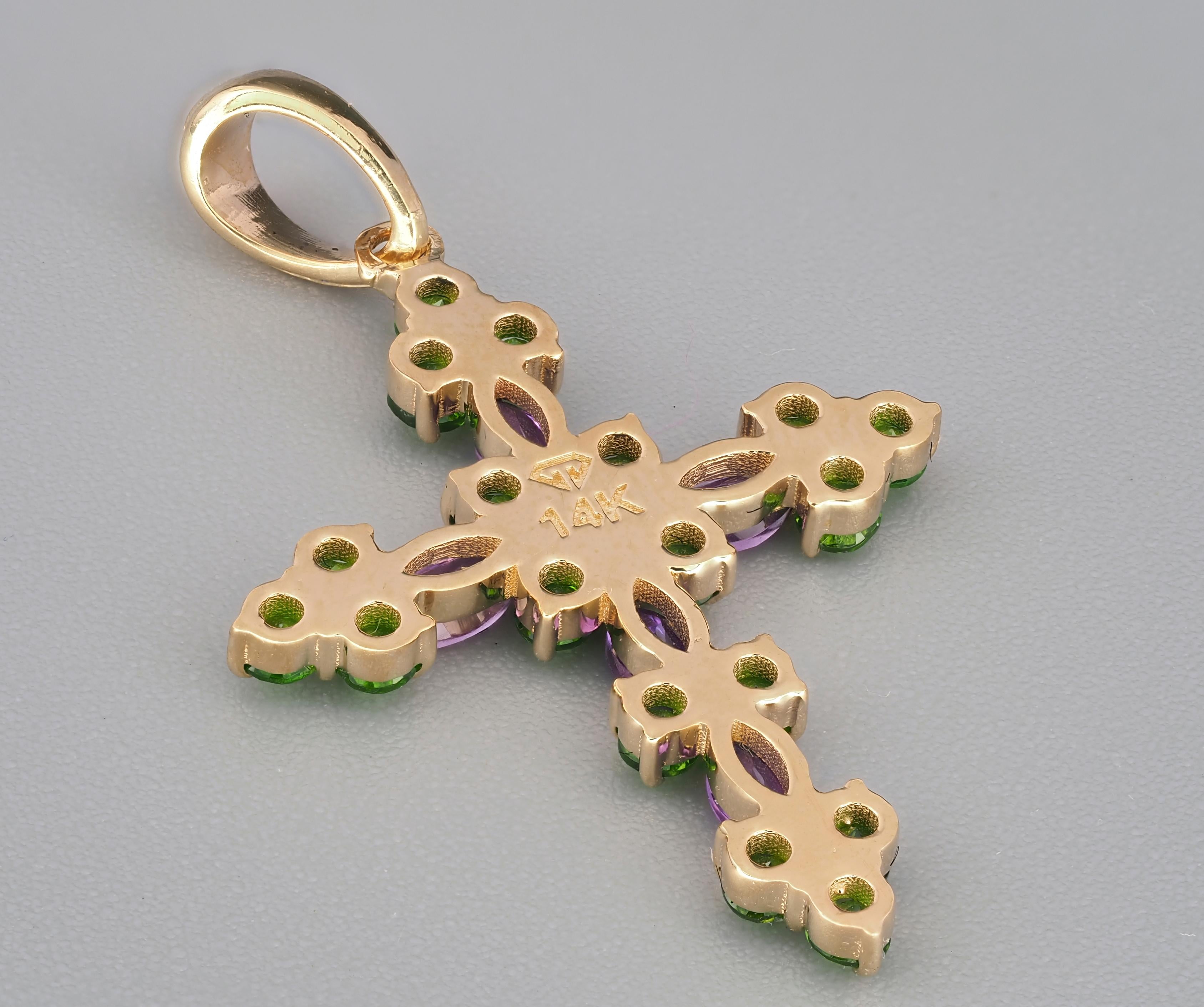 Modern 14k Gold Cross Pendant with Colored Stones: Amethysts and Tsavorites! For Sale