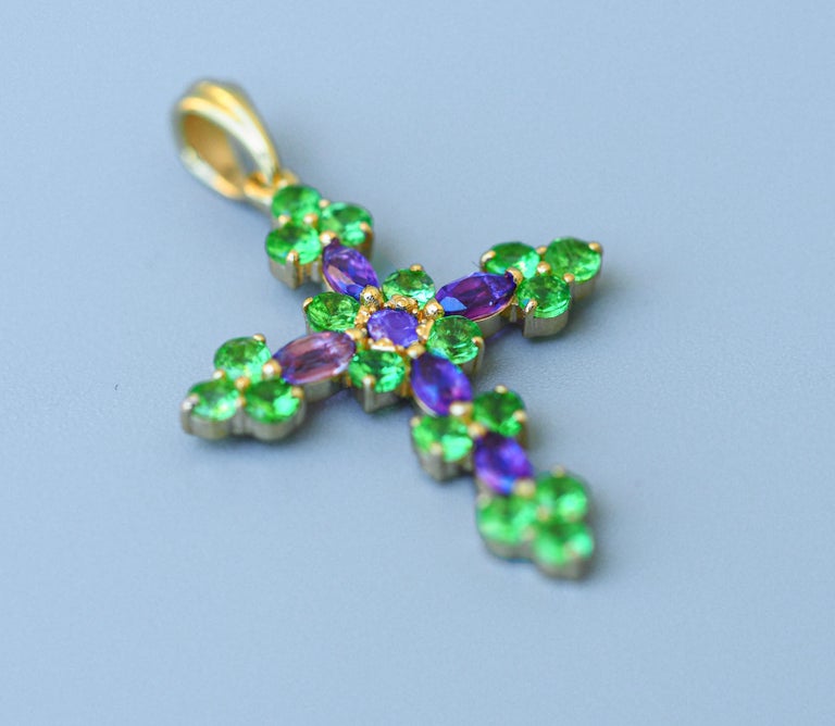 Marquise Cut 14k Gold Cross Pendant with Colored Stones: Amethysts and Tsavorites For Sale